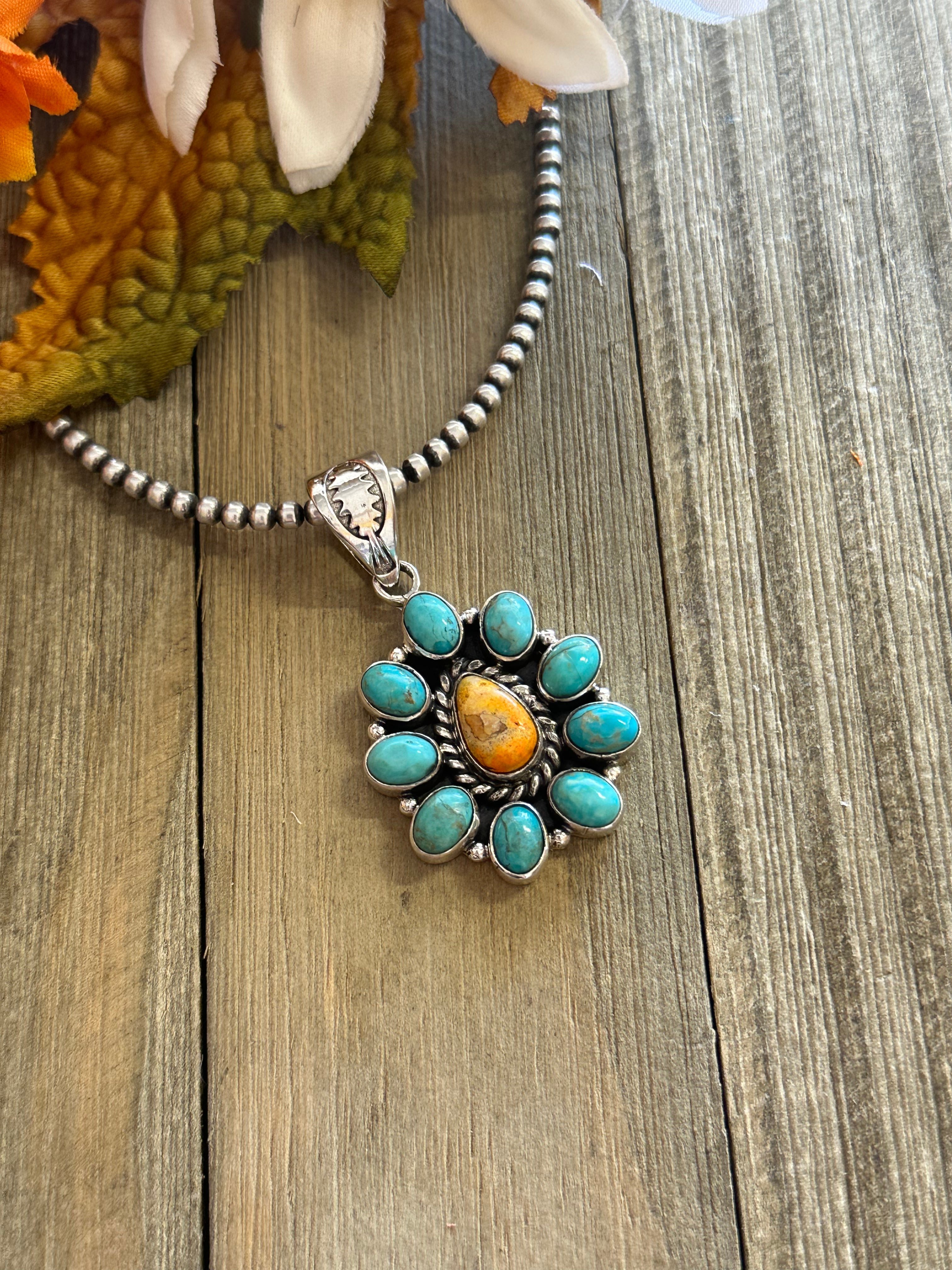 Southwest Handmade Multi Stone & Sterling Silver Cluster Pendant