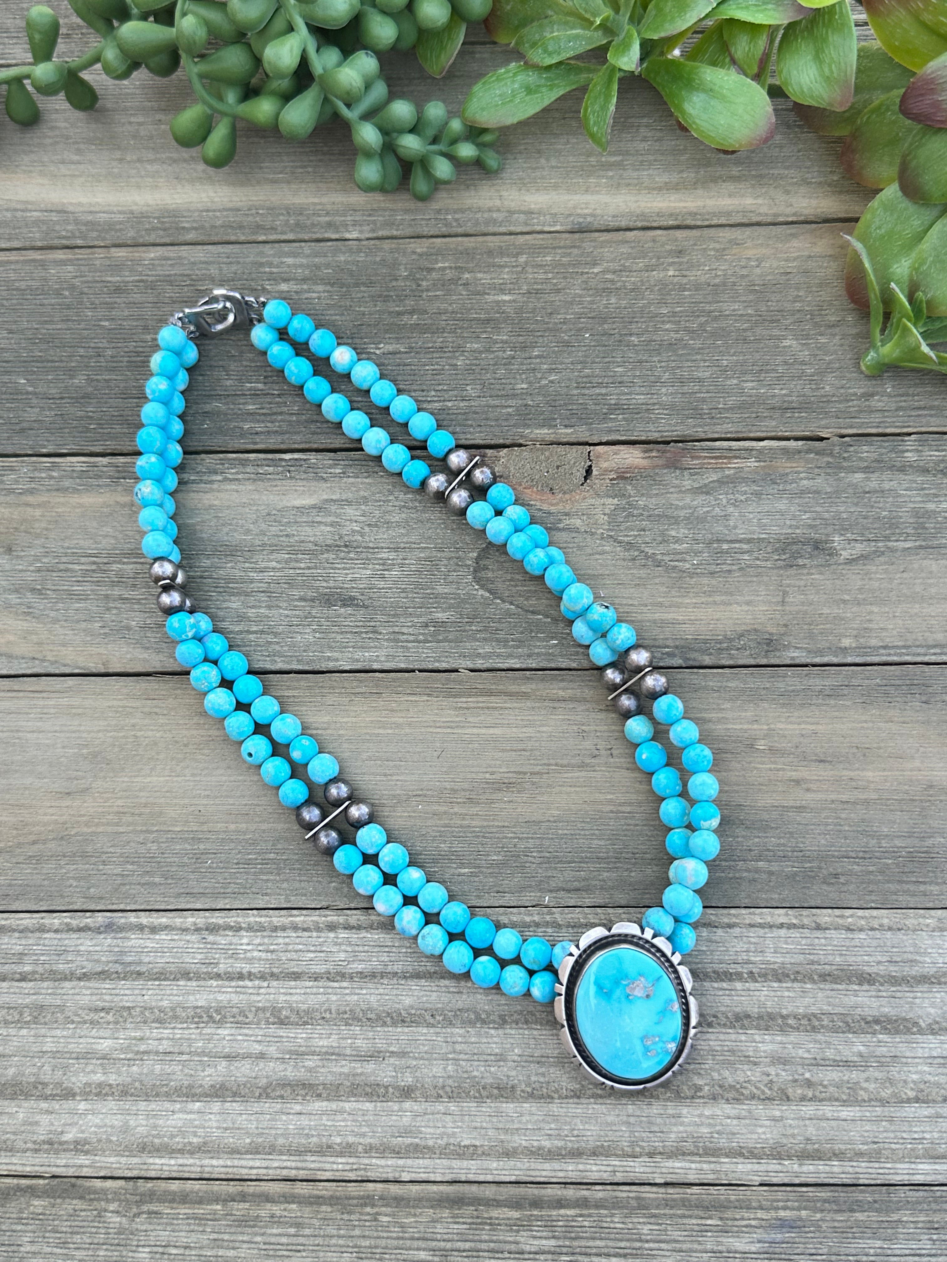 Navajo Made Campitos Turquoise and Sterling Silver Necklace