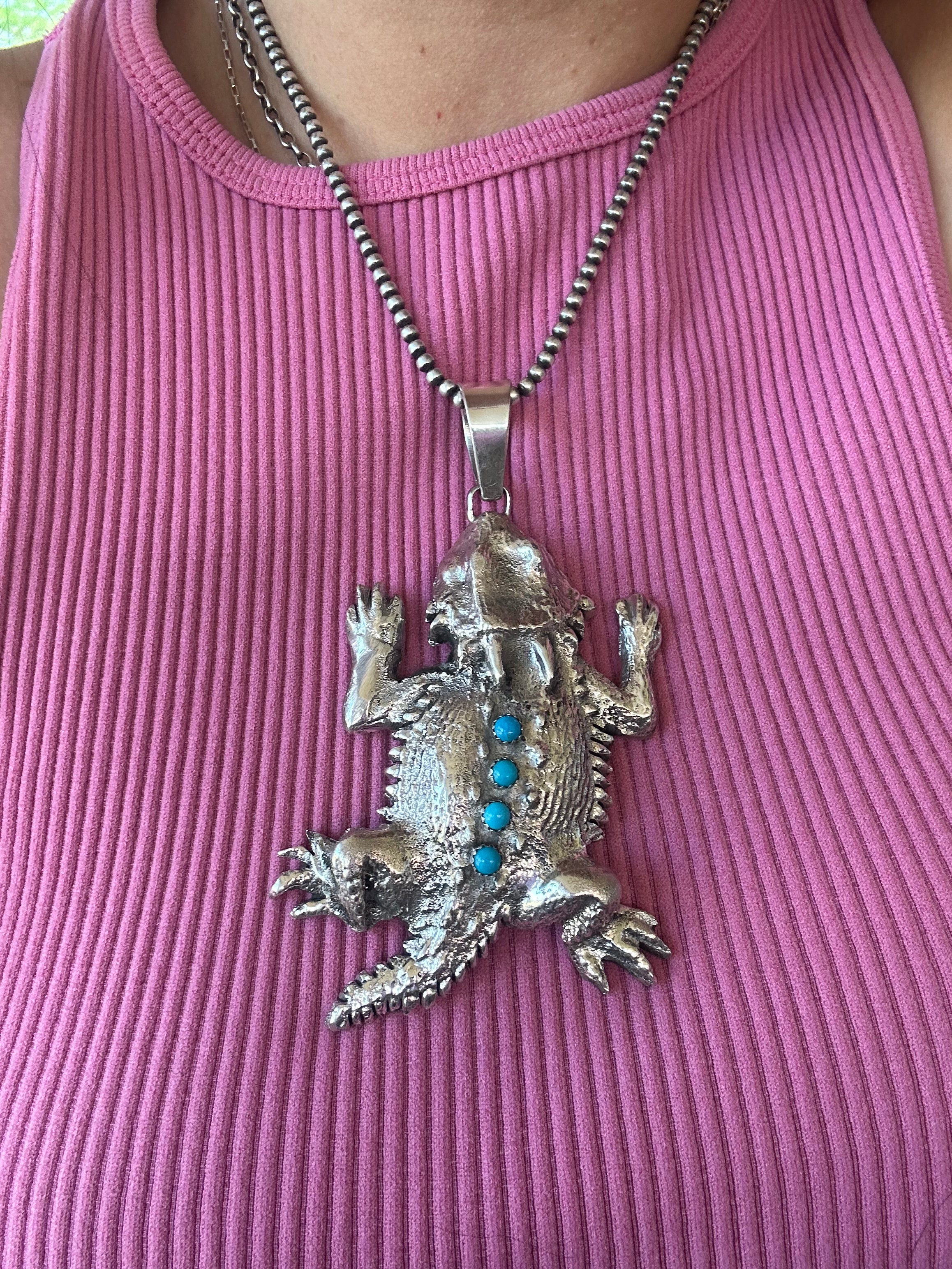 Navajo Made Kingman Turquoise & Sterling Silver Horny Toad Pendant