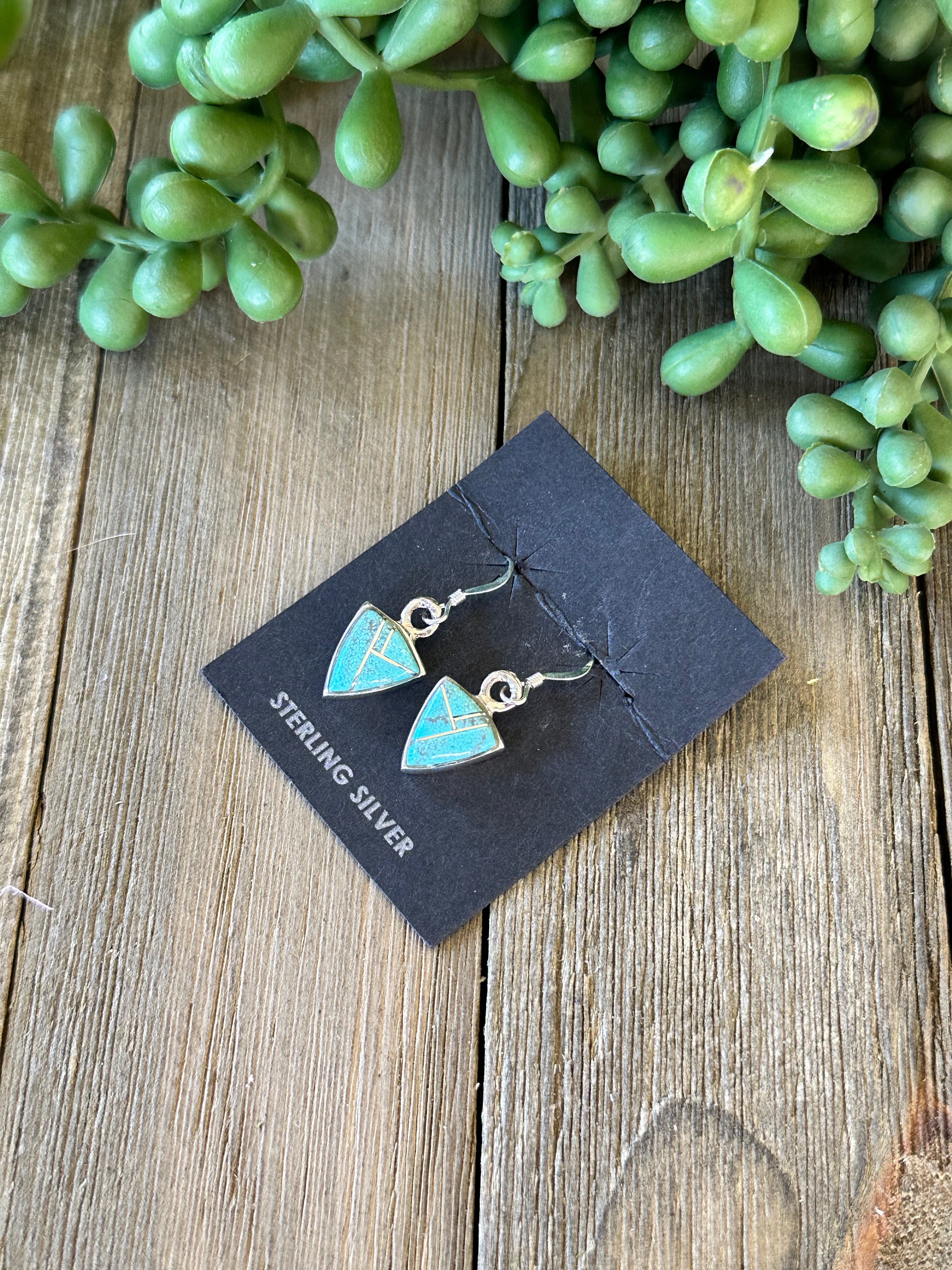 Navajo Made #8 Turquoise & Sterling Silver Dangle Inlay Earrings