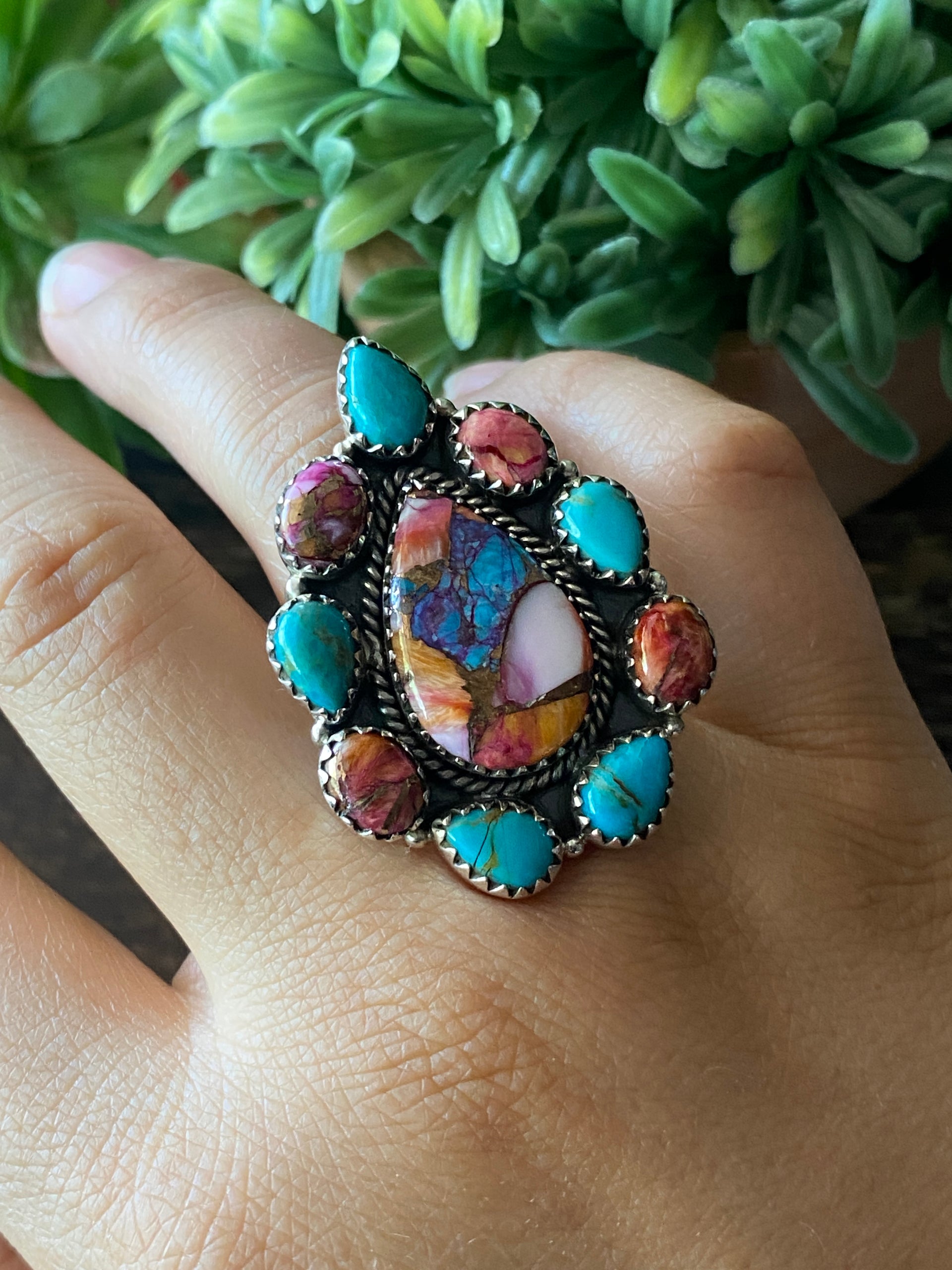 Southwest Handmade Multi Stone & Sterling Silver Adjustable Cluster Ring