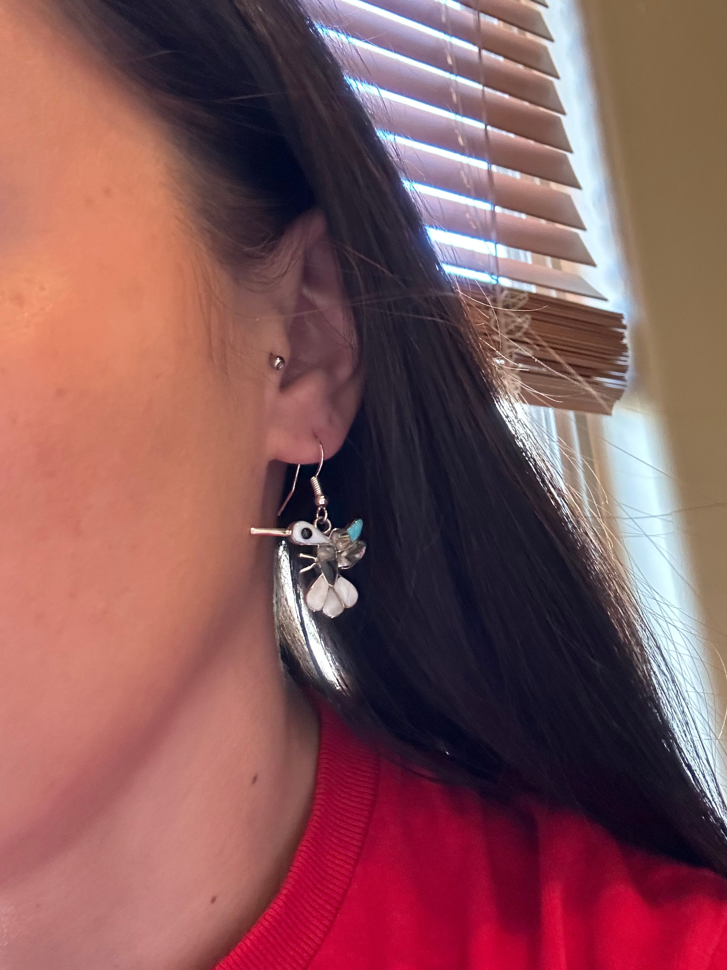 Zuni Made Multi Stone & Sterling Silver Hummingbird Dangle Inlay Earrings