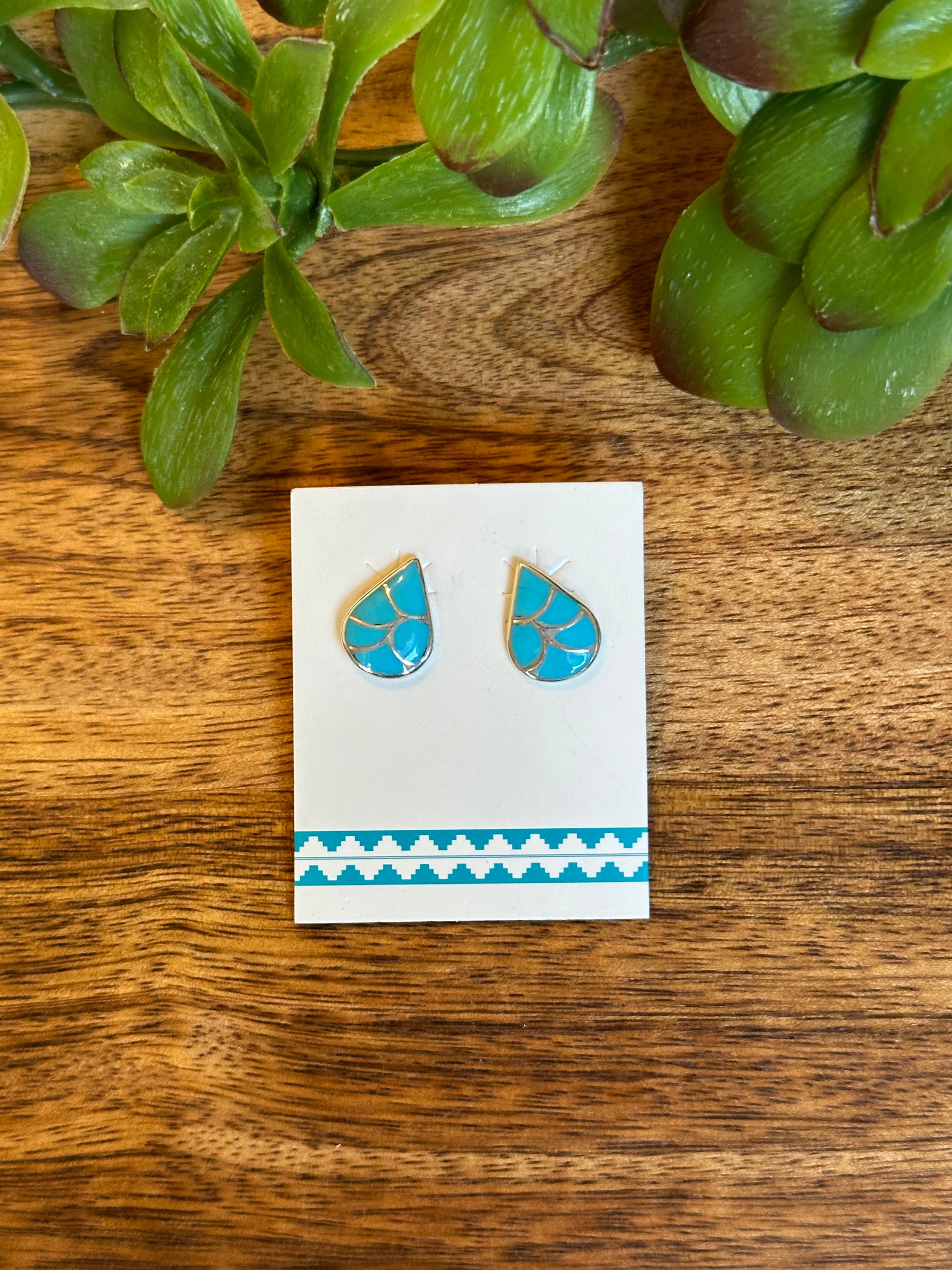 Navajo Made Turquoise & Sterling Silver  Post Inlay Earrings