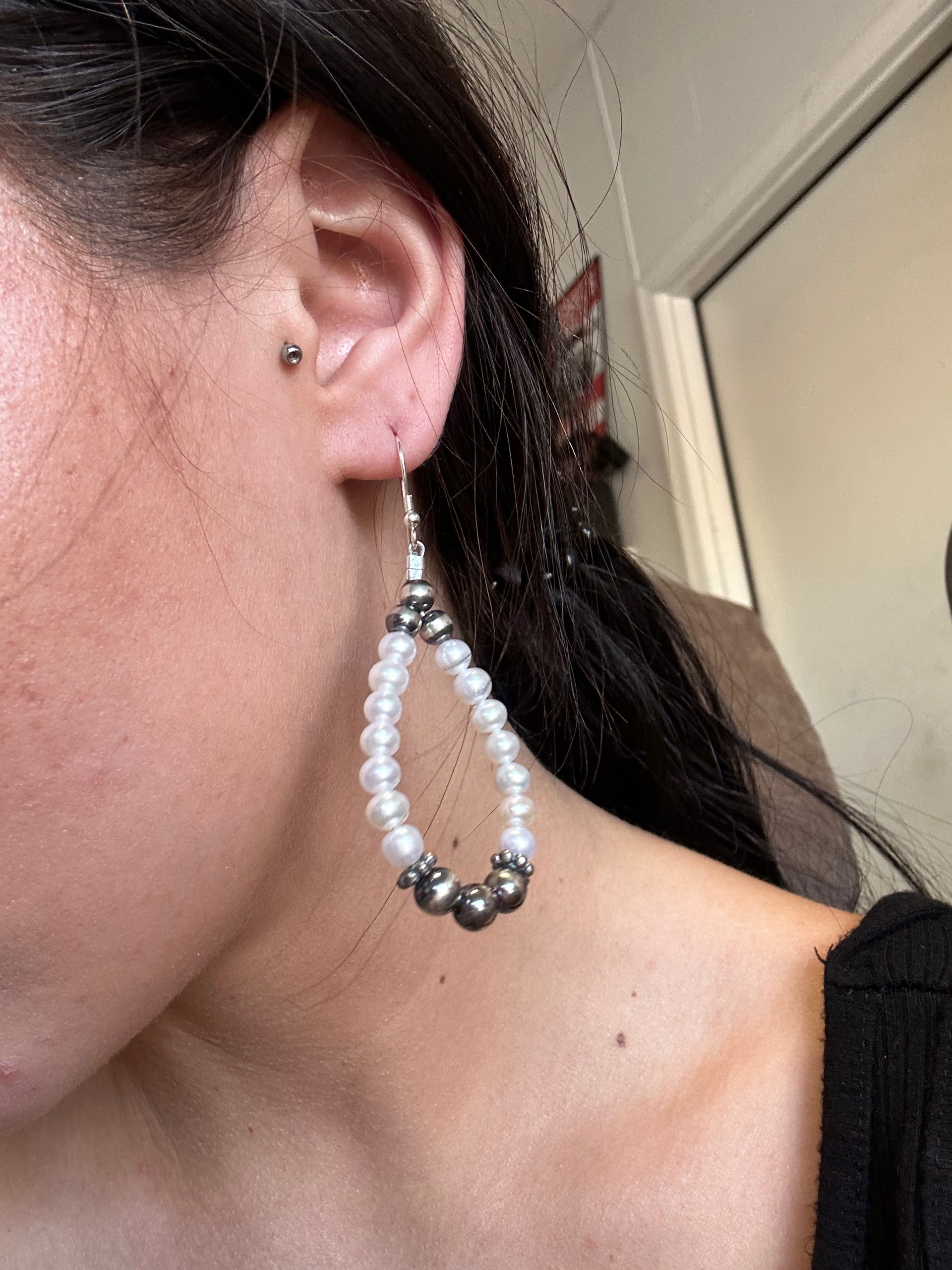 Navajo Made Fresh Water Pearls $ Sterling Silver Pearls Dangle Earrings