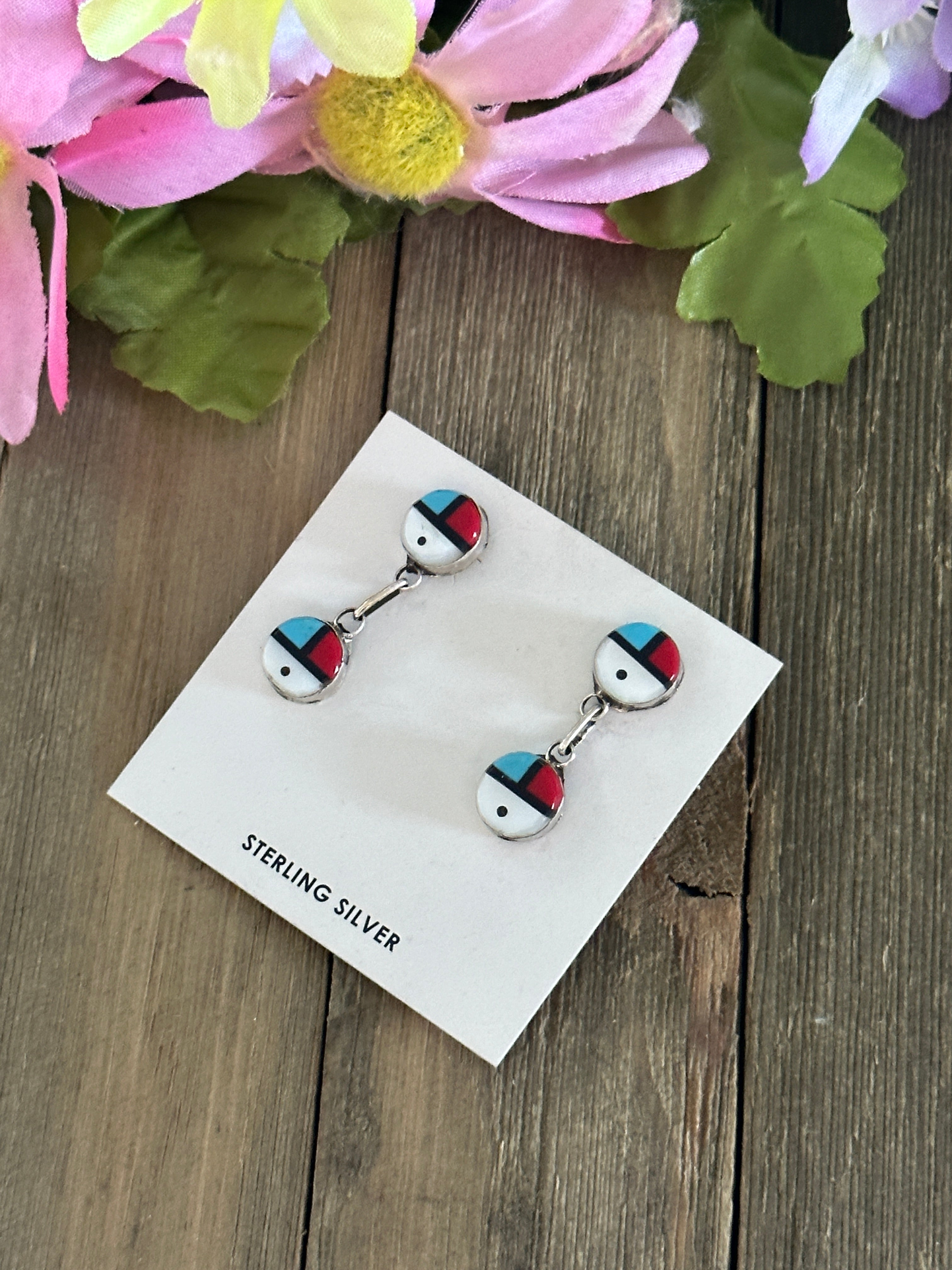 Zuni Made Multi Stone & Sterling Silver Inlay Sunface Post Dangle Earrings