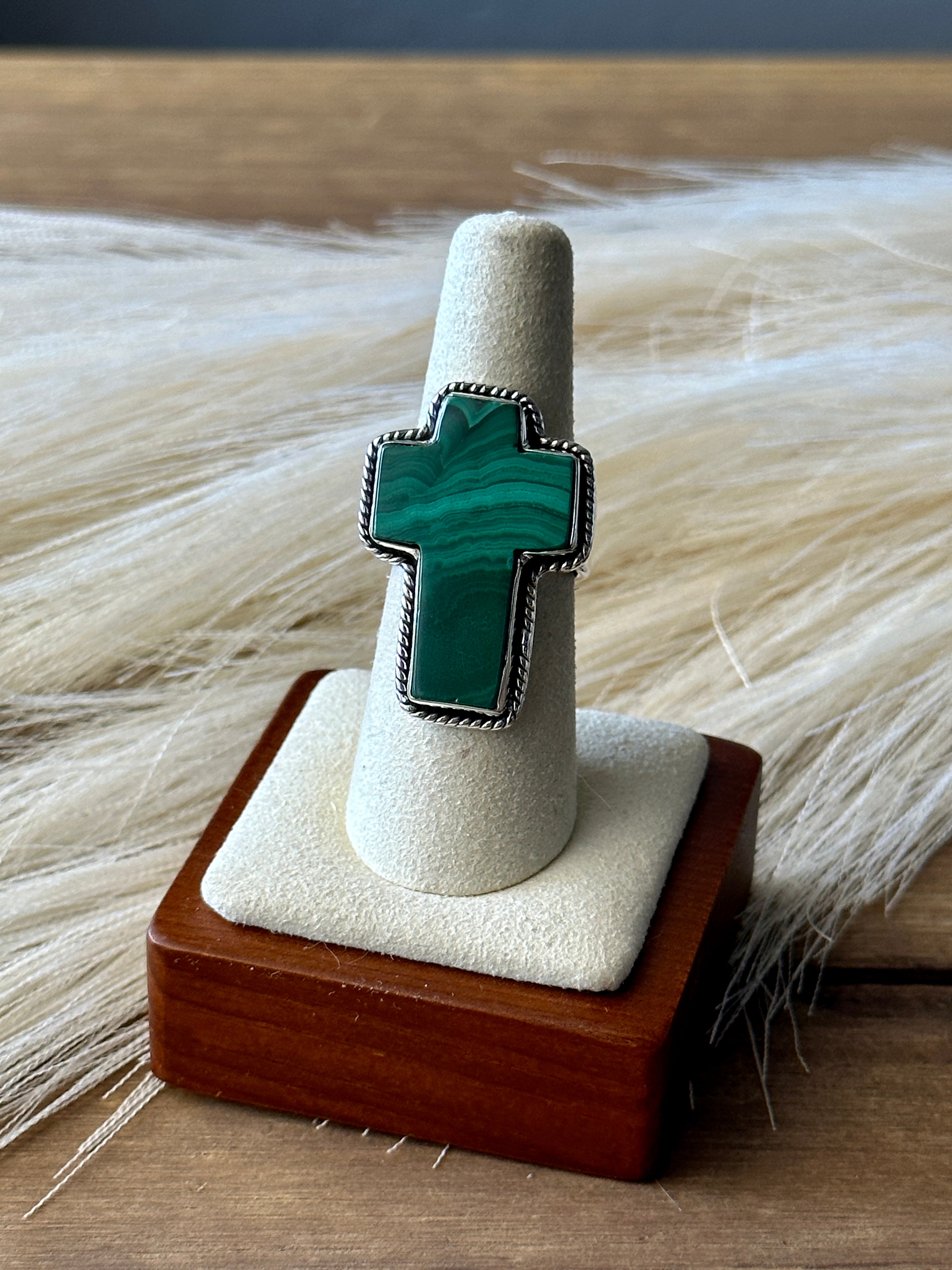 Southwest Handmade Malachite & Sterling Silver Adjustable Cross Ring