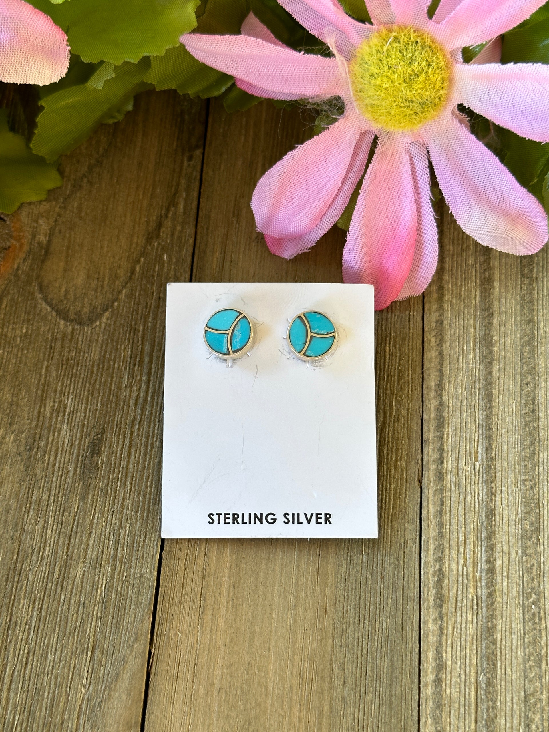 Navajo Made Turquoise & Sterling Silver Post Inlay Earrings
