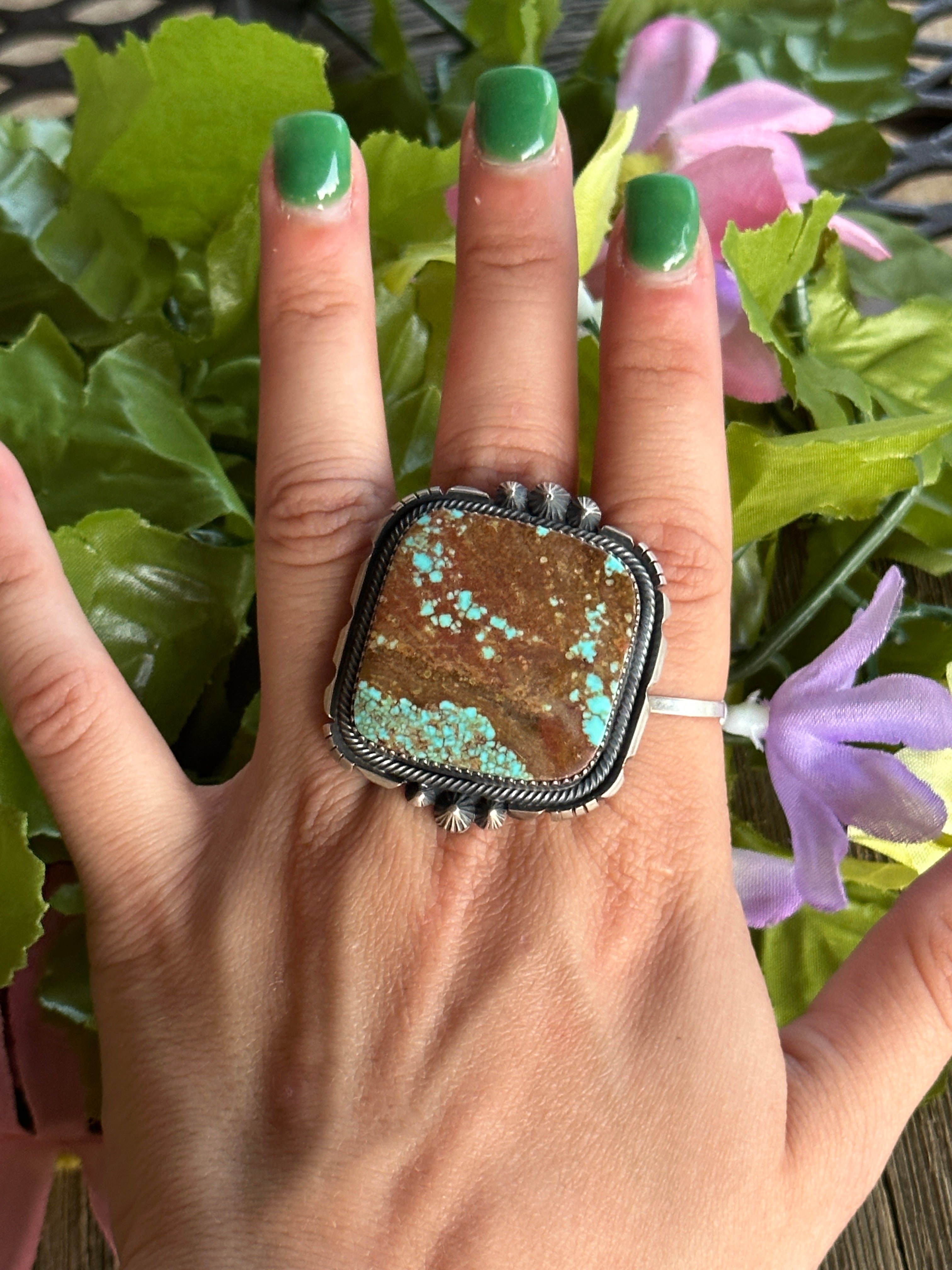 Navajo Made #8 Turquoise and Sterling Silver Adjustable Ring