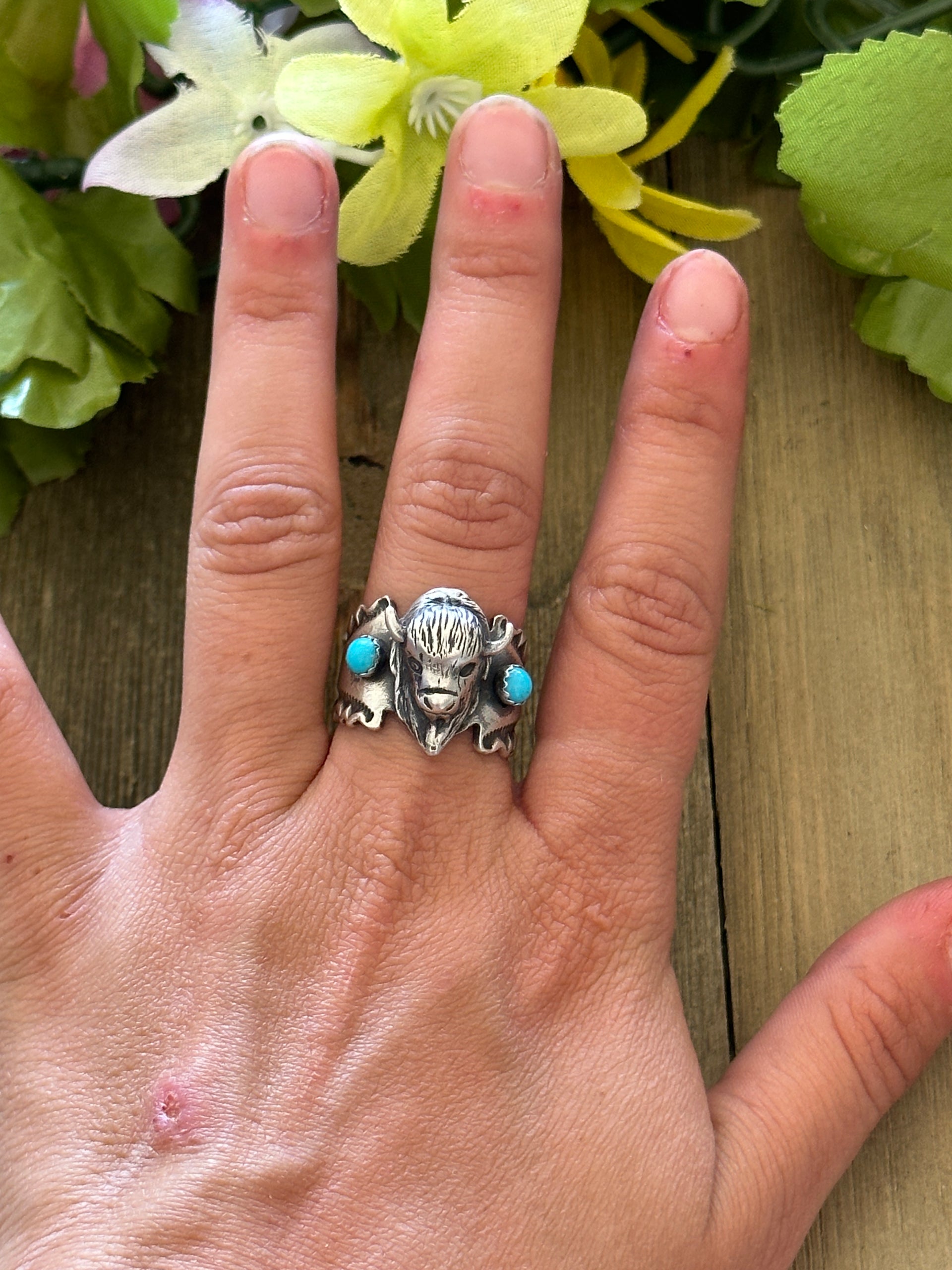 Navajo Made Turquoise & Sterling Silver Buffalo Ring