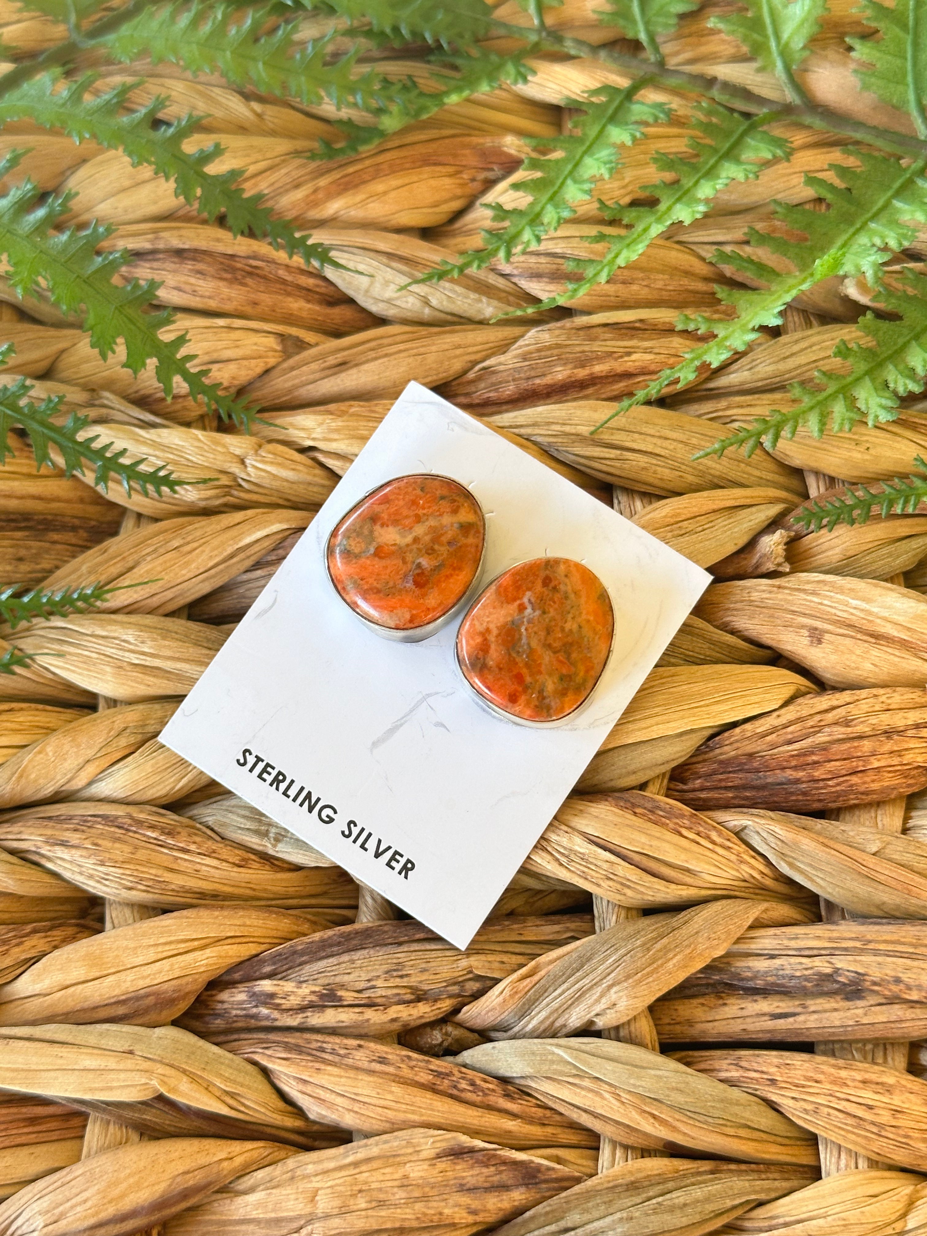 Navajo Made Apple Coral & Sterling Silver Post Earrings