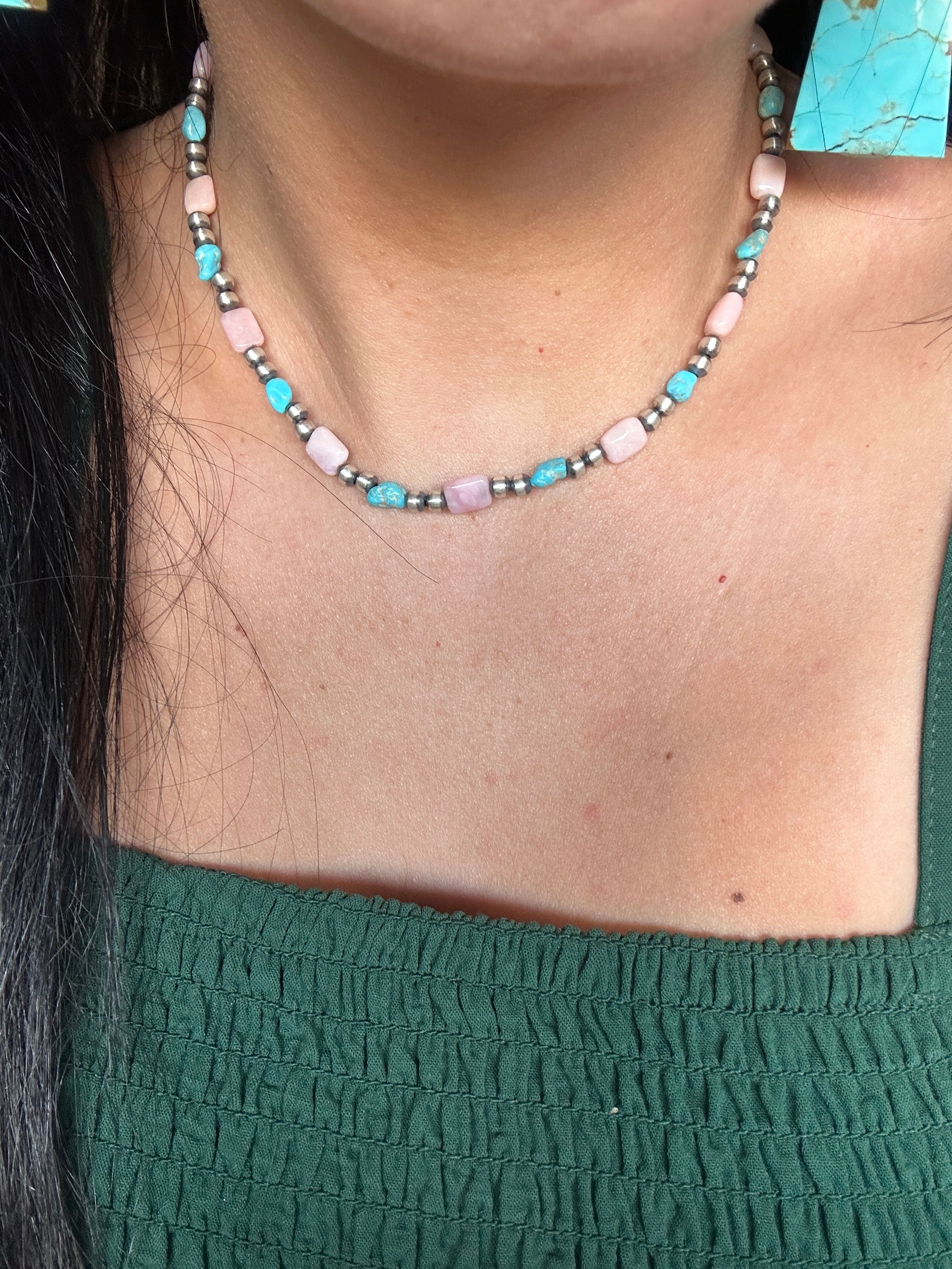 Navajo Strung Multi Stone & Sterling Silver 3 MM Pearl Necklace