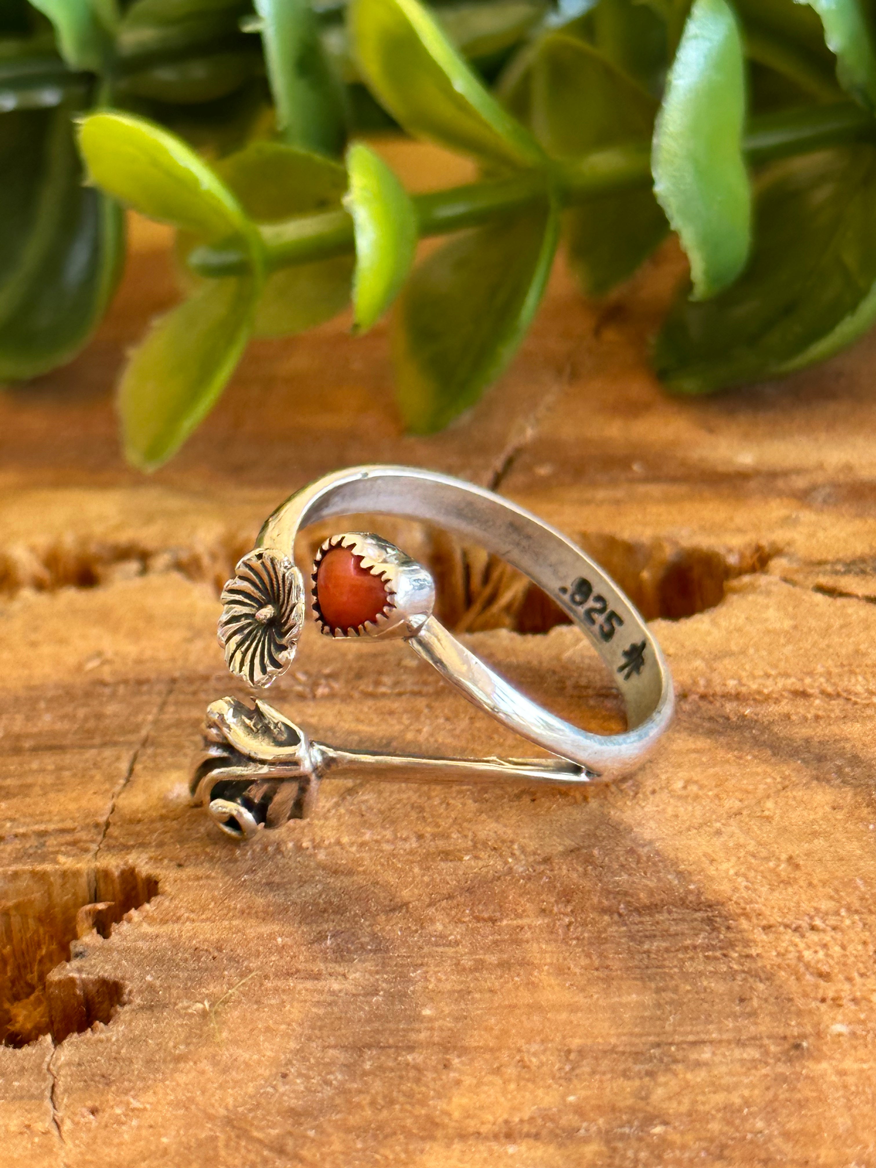 Navajo Made Mediterranean Coral & Sterling Silver Adjustable Ring