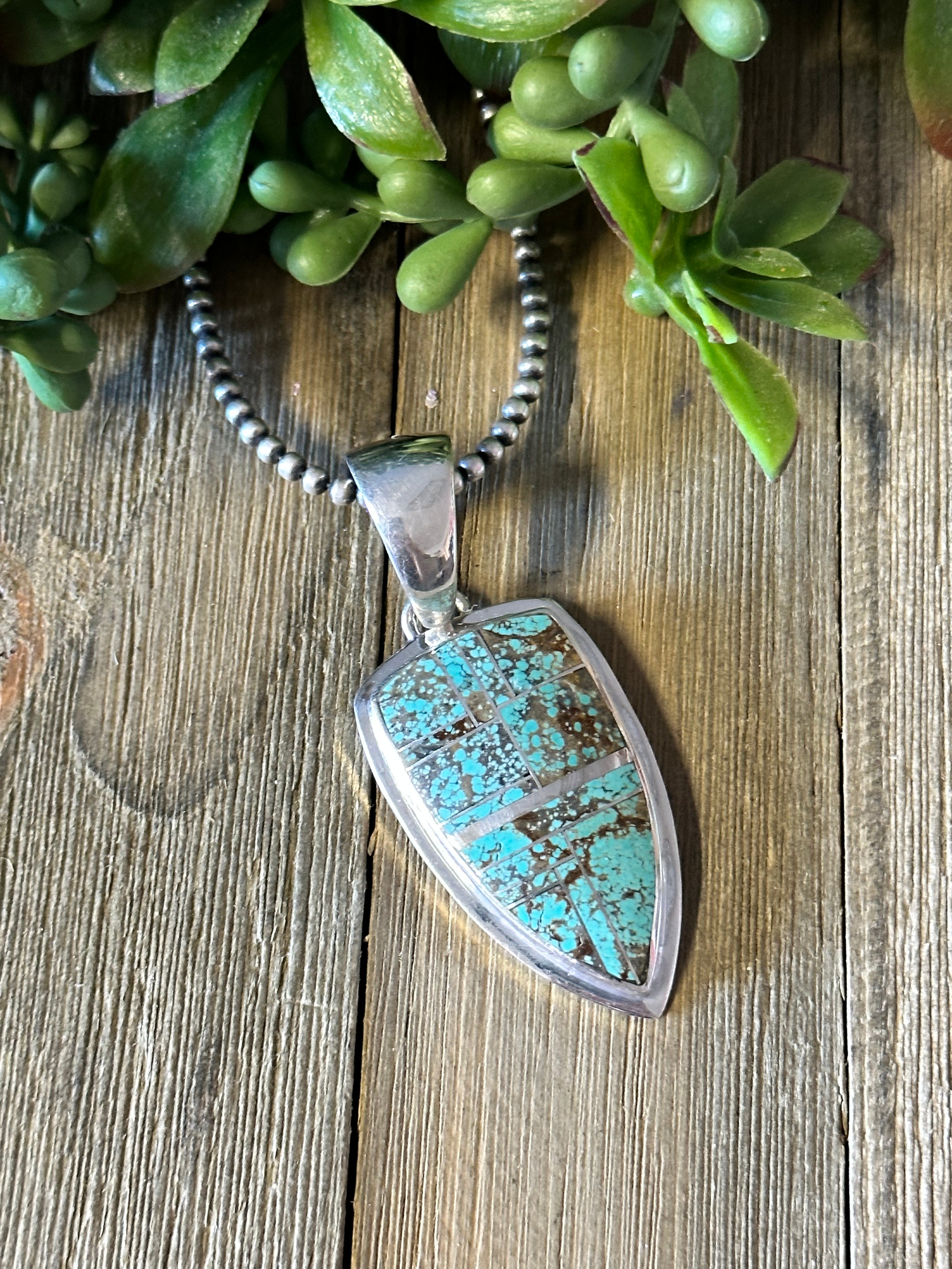 Navajo Made #8 Turquoise & Sterling Silver Inlay Pendant