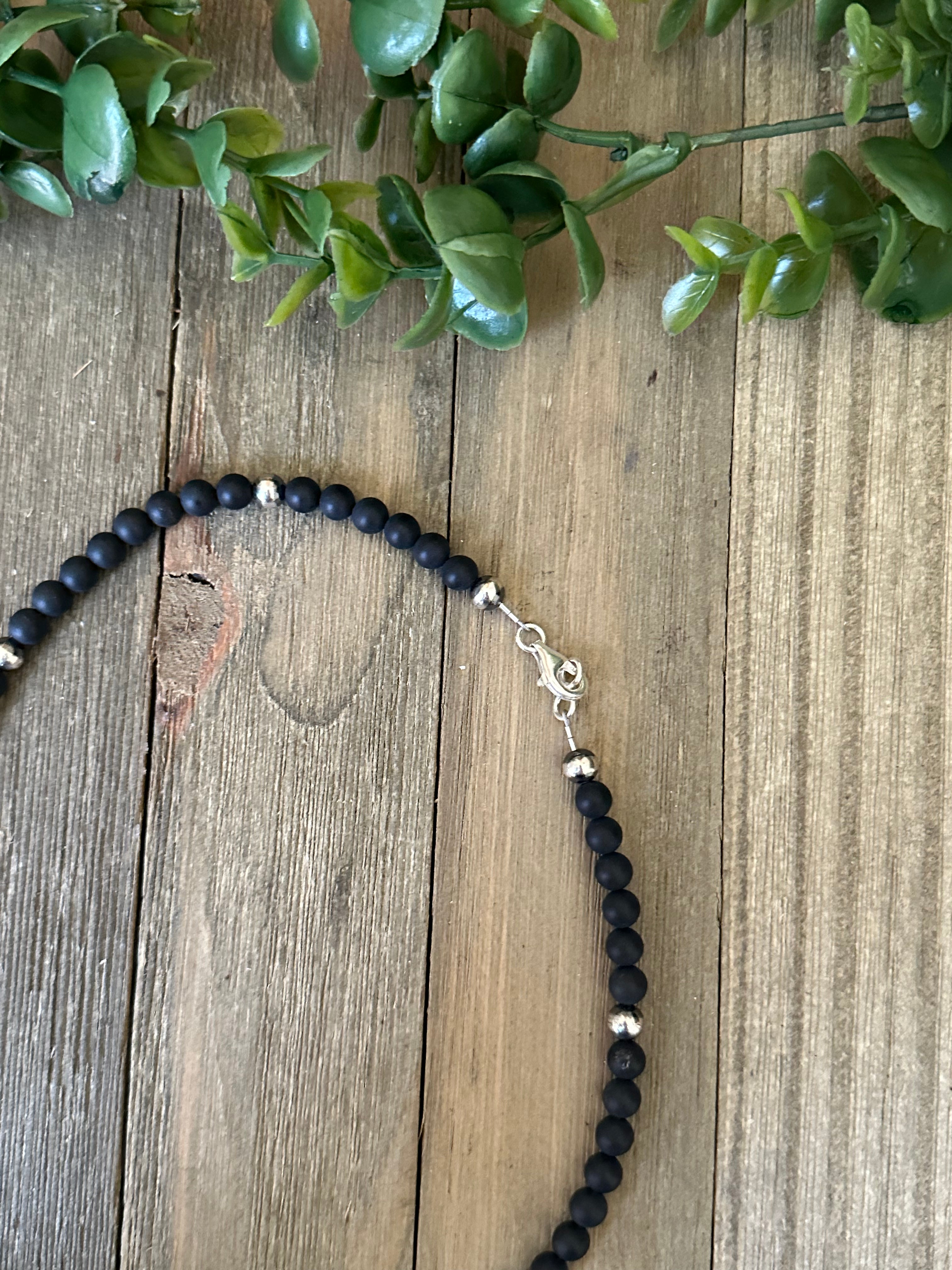 Navajo Strung Onyx & Sterling Silver Pearls Beaded Necklace