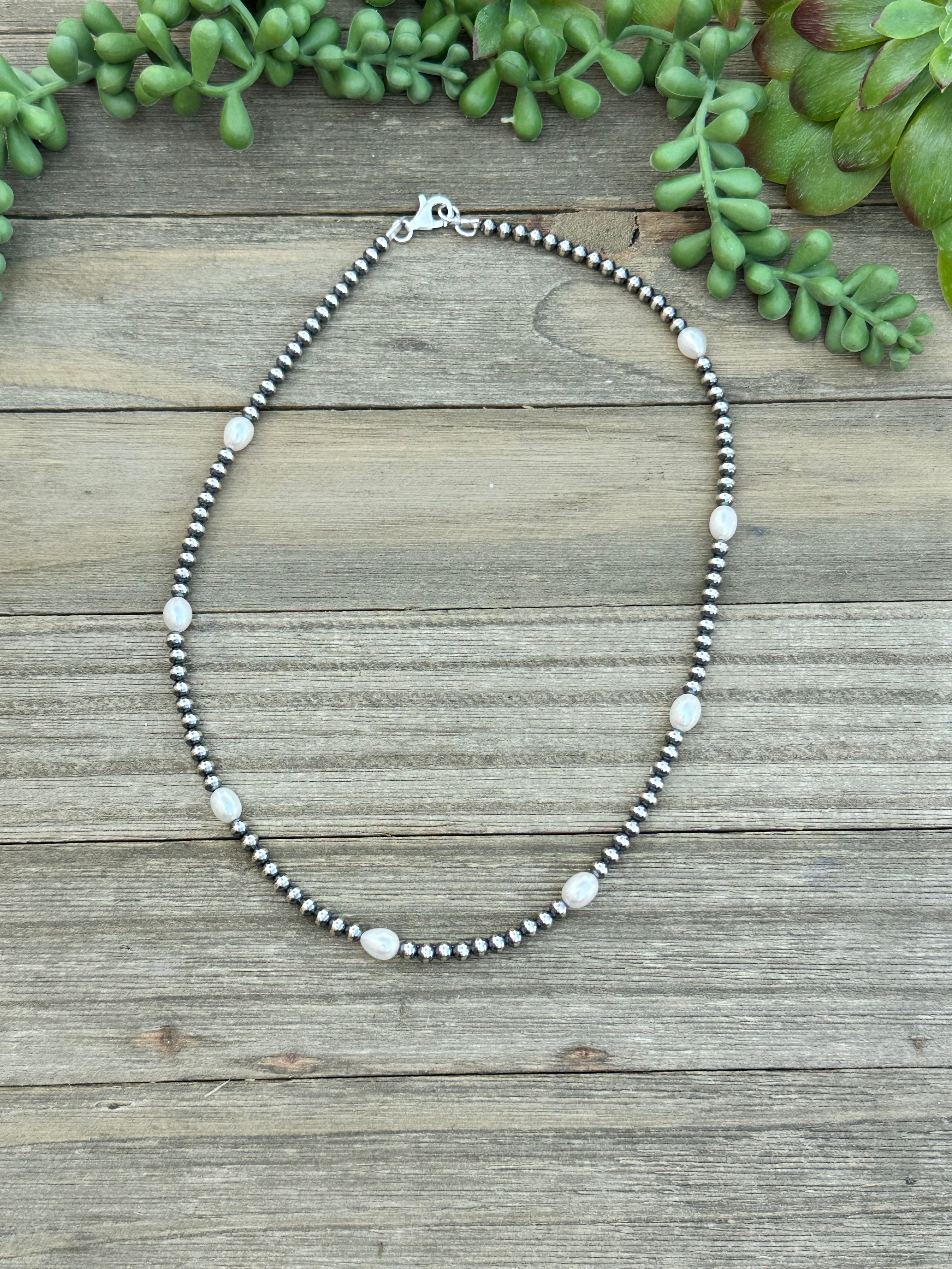 Navajo Strung Fresh Water Pearls & Sterling Silver Beaded Pearl Necklace