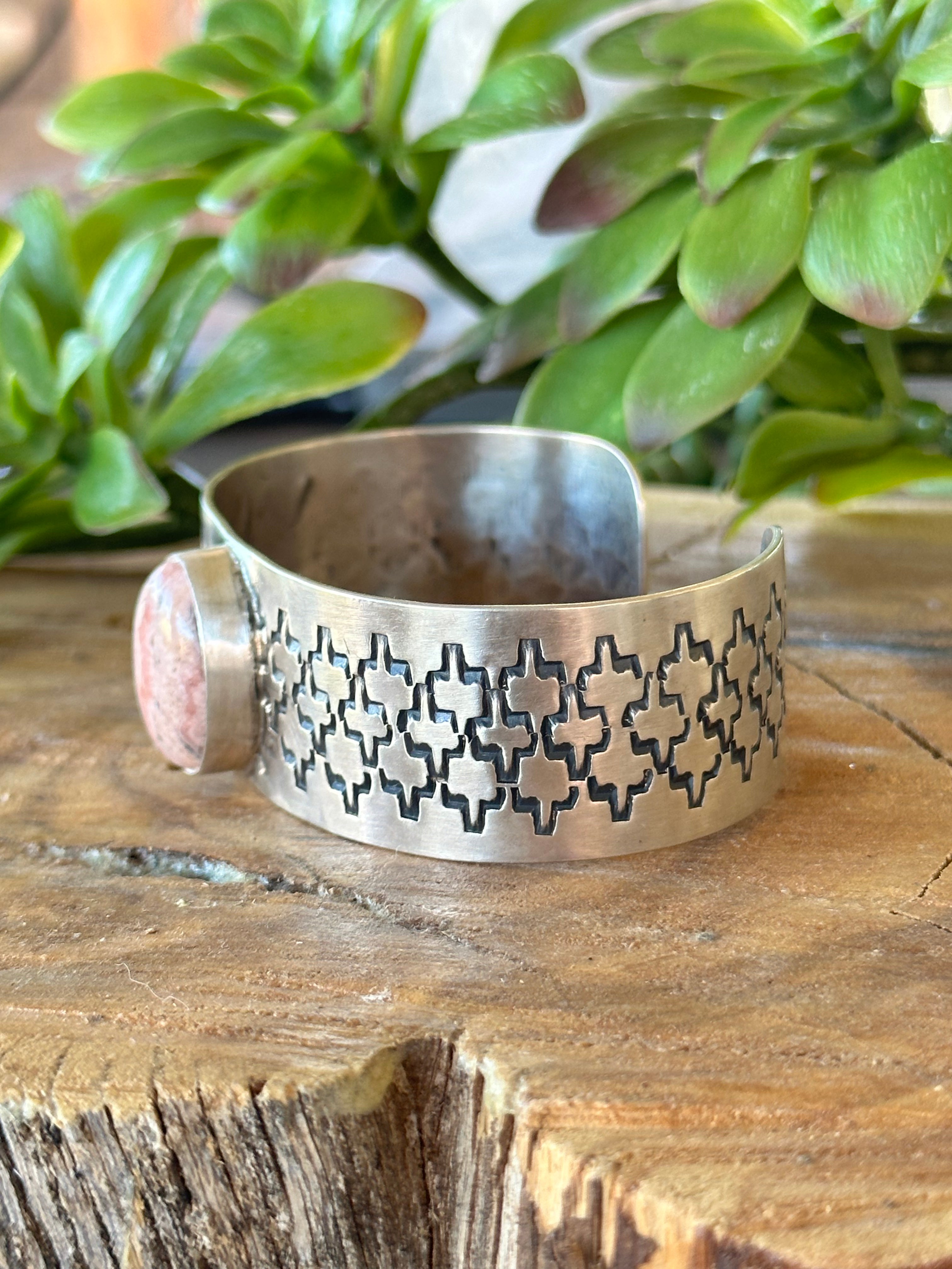 Navajo Made Rhodochrosite & Sterling Silver Cuff Bracelet