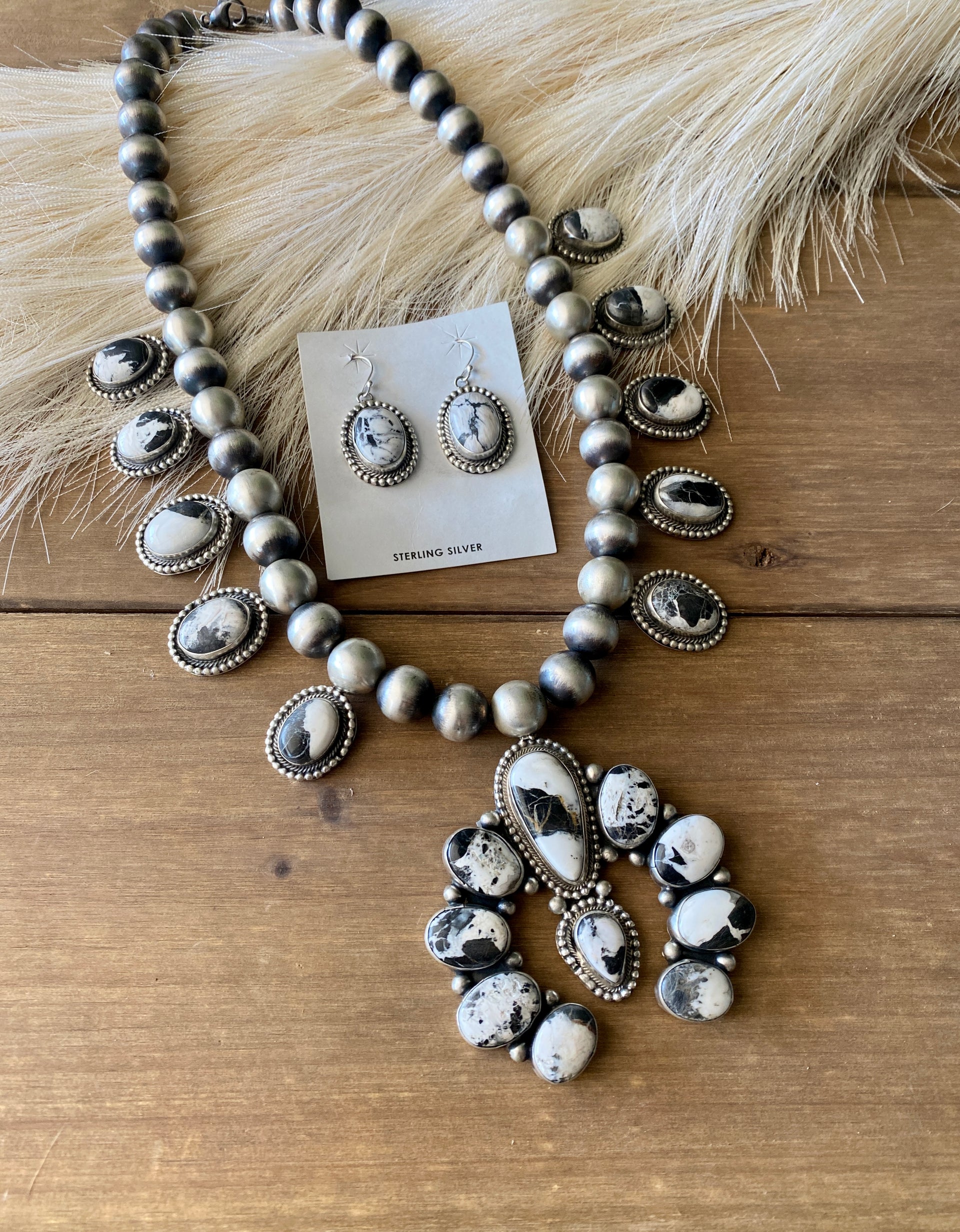 Bobby Johnson White Buffalo & Sterling Silver Squash Blossom Necklace Set