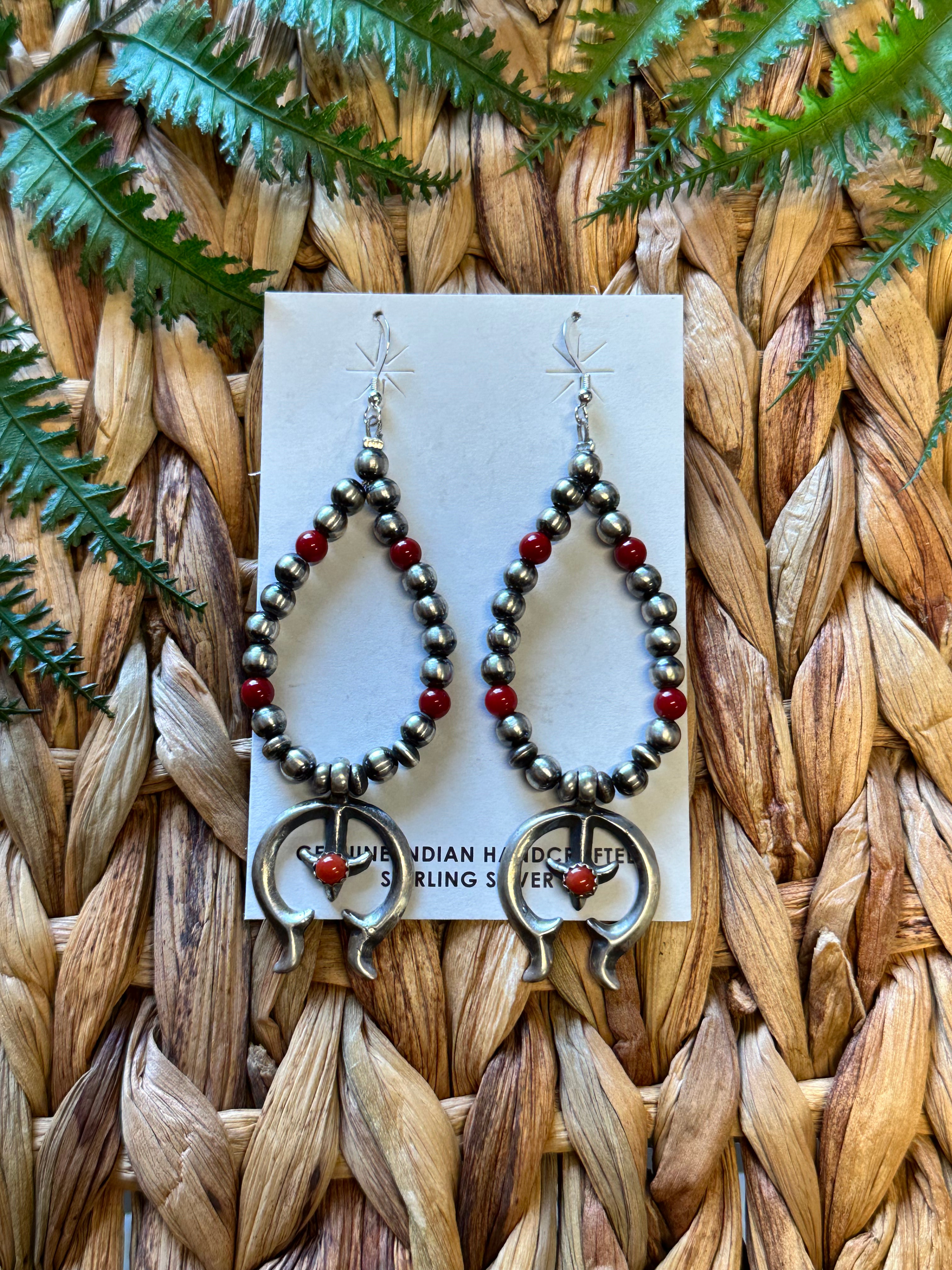 Navajo Made Coral & Sterling Silver Pearls Dangle Squash Blossom Earrings