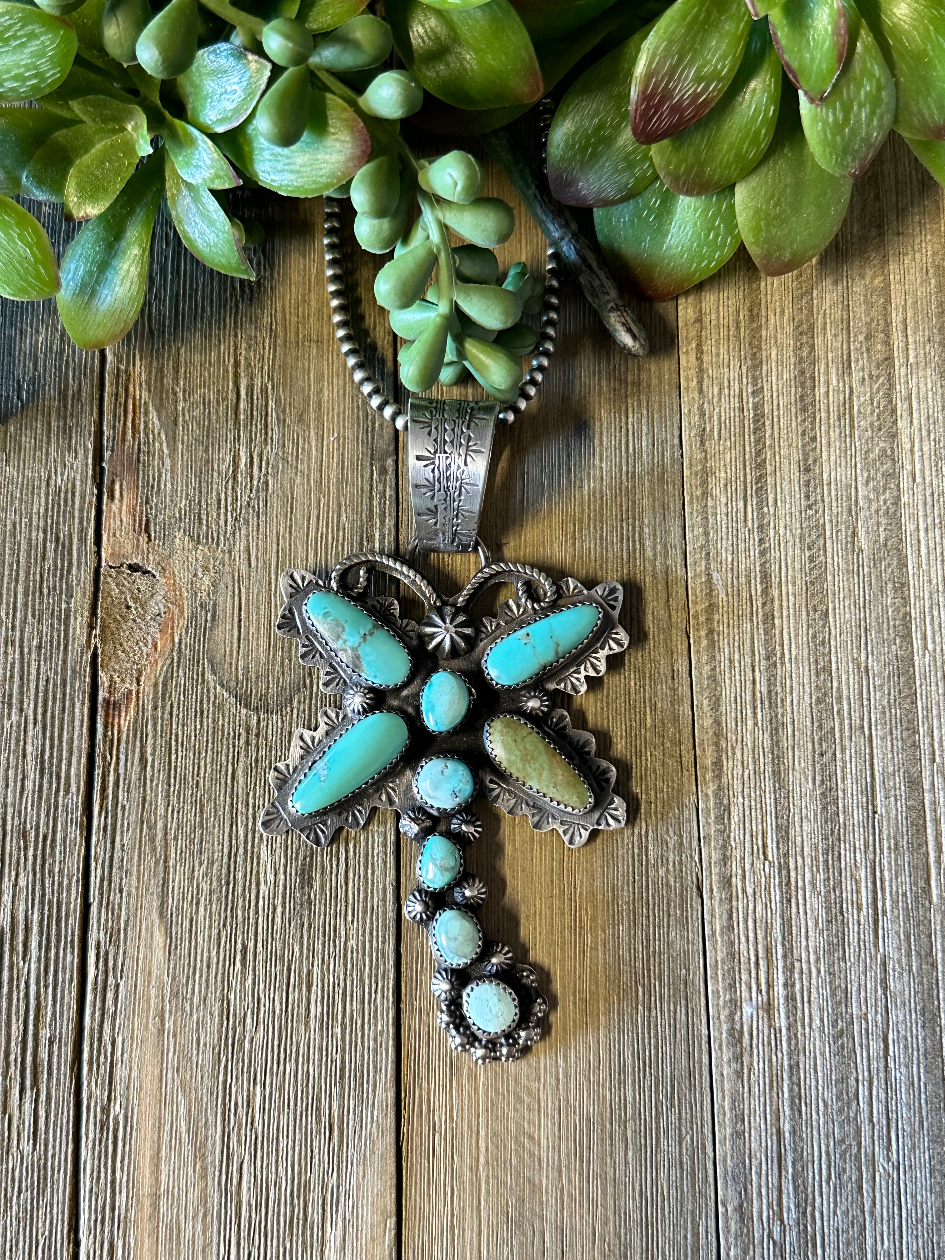 Navajo Made Kingman Turquoise & Sterling Silver Butterfly Pendant