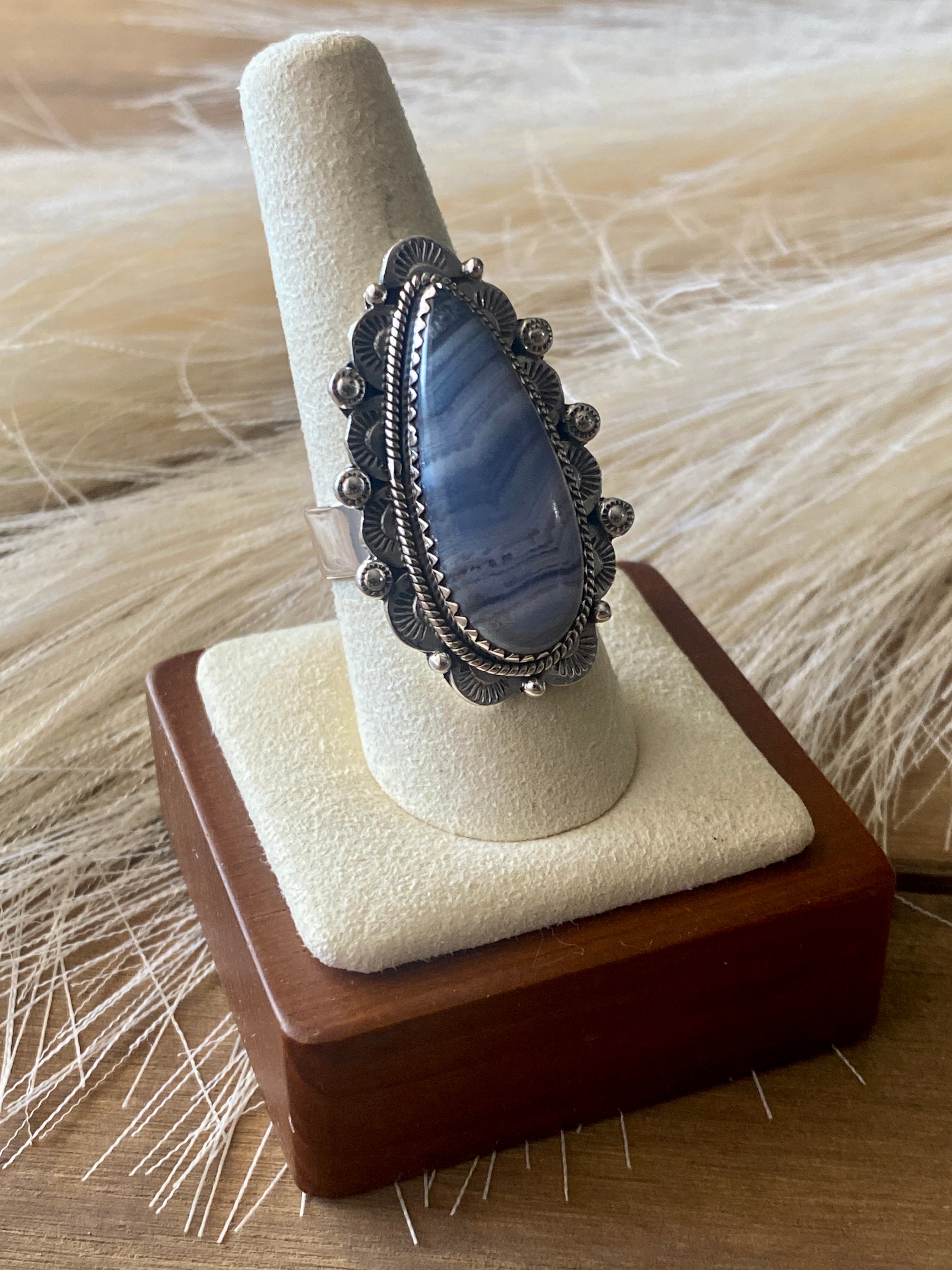 Southwest Handmade Blue Lace Agate & Sterling Silver Adjustable Ring