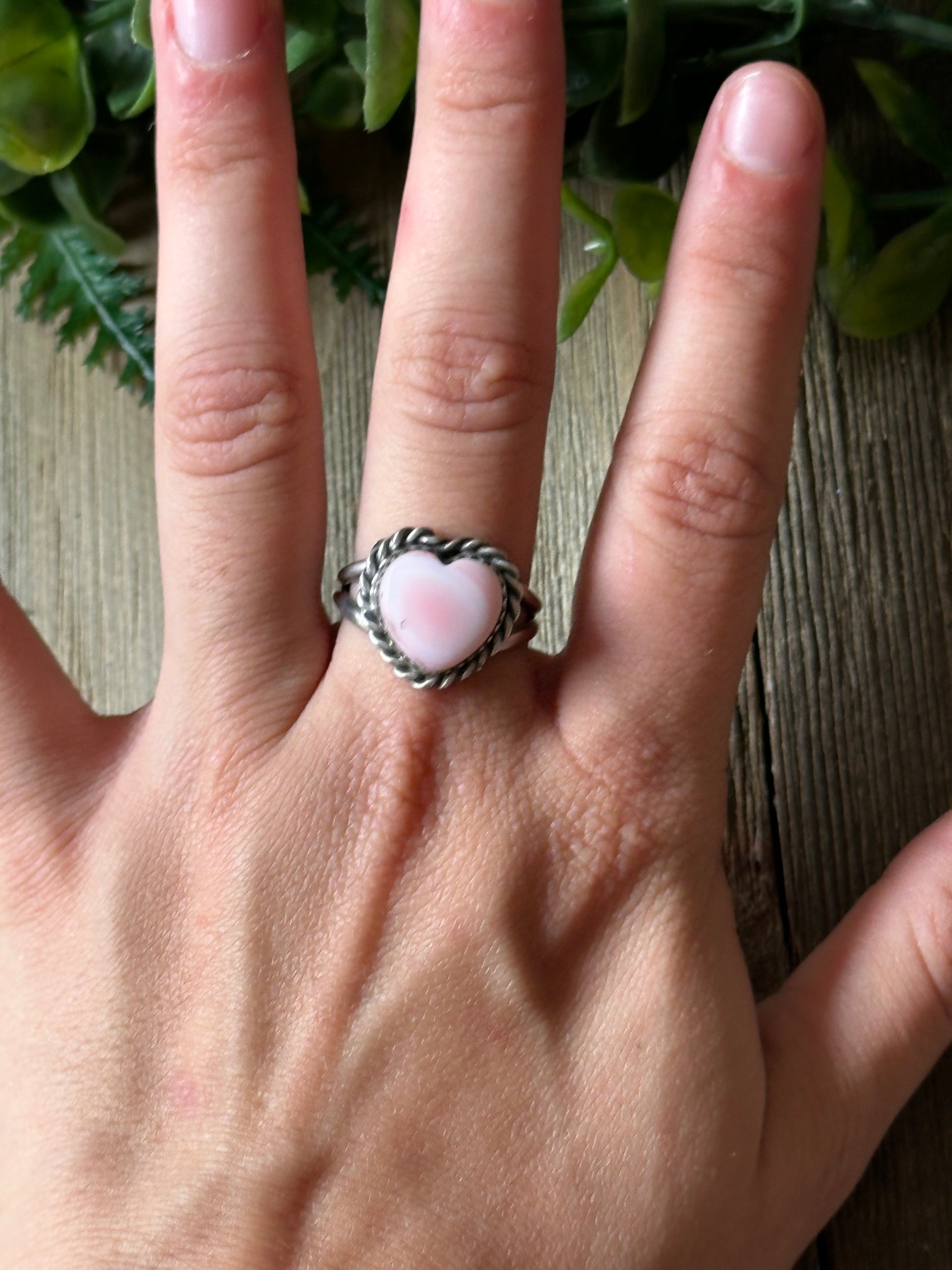 Navajo Made Pink Conch & Sterling Silver Heart Ring