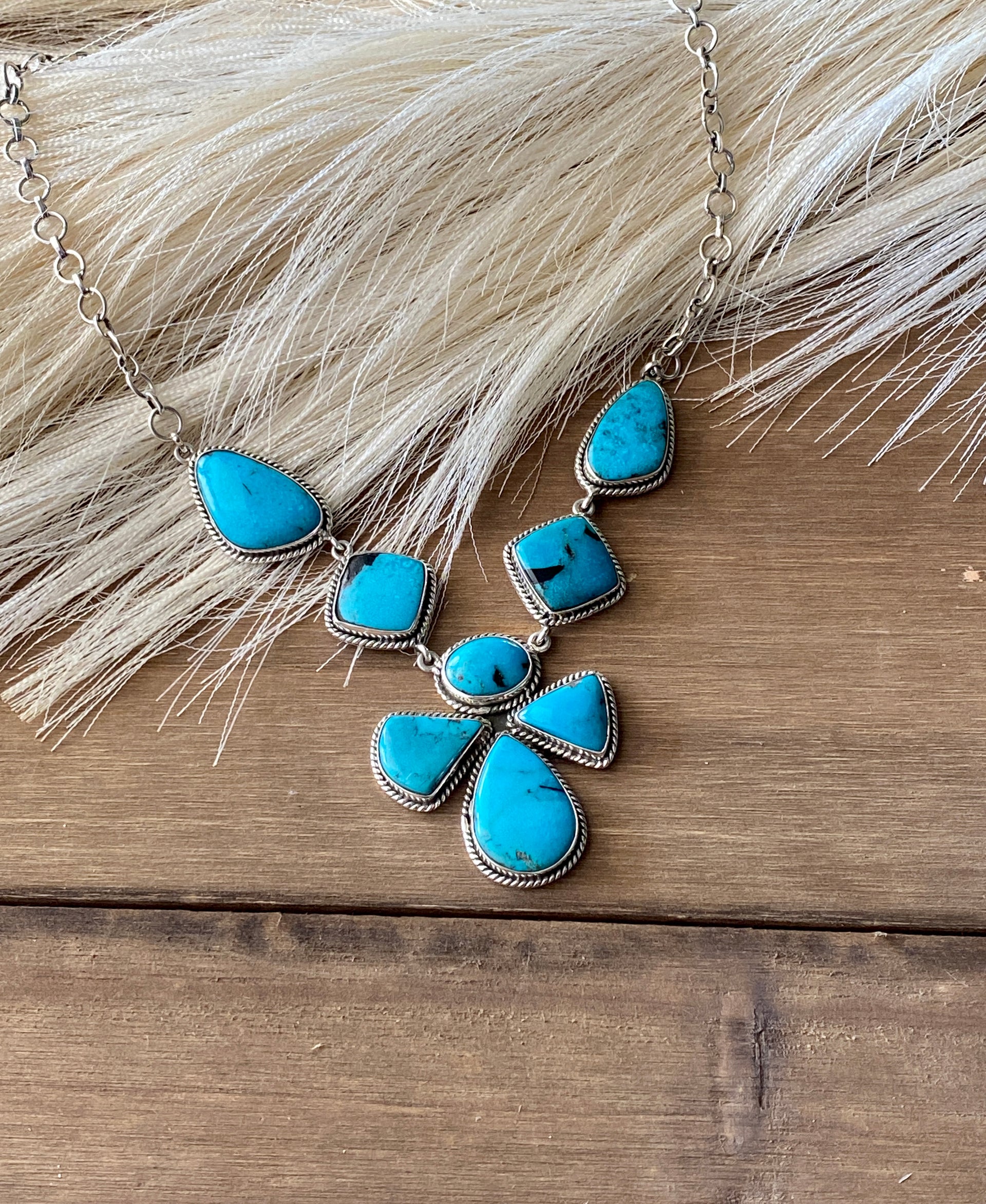 Southwest Handmade Kingman Turquoise & Sterling Silver Cluster Necklace