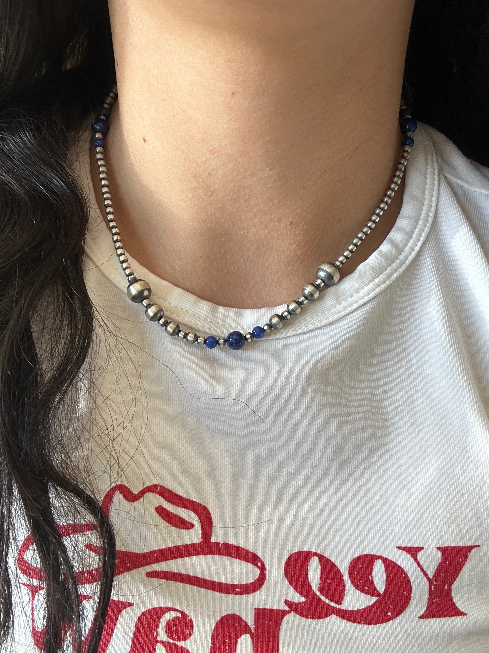 Navajo Strung Lapis & Sterling Silver Graduated Pearl Necklace