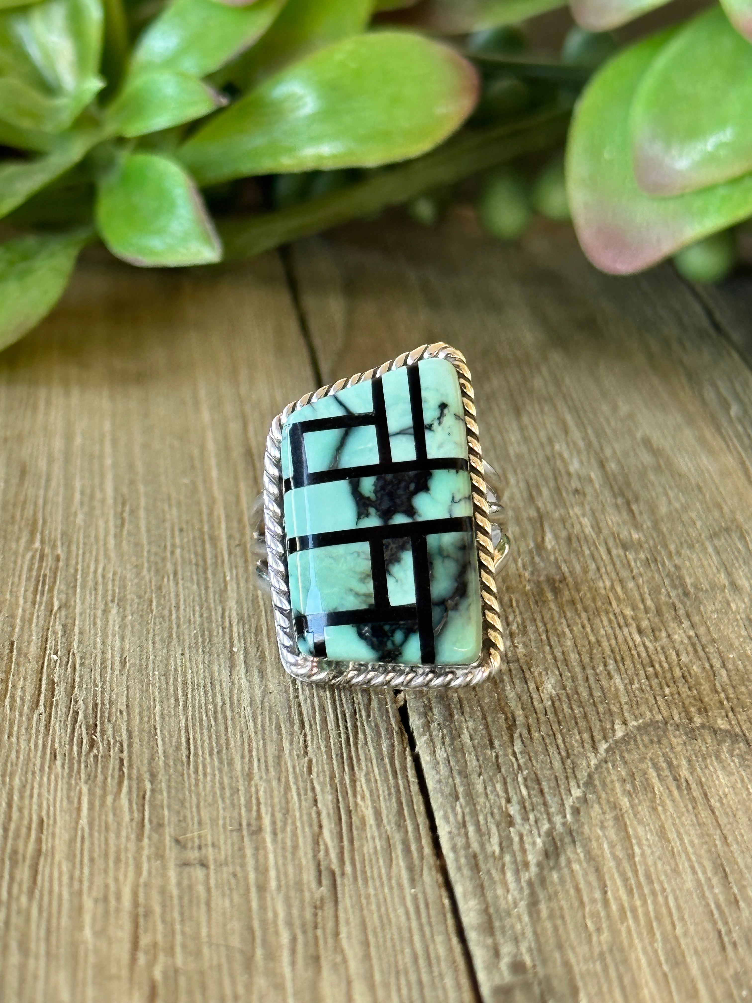 Navajo Made Variscite & Sterling Silver Inlay Ring Size 8.75