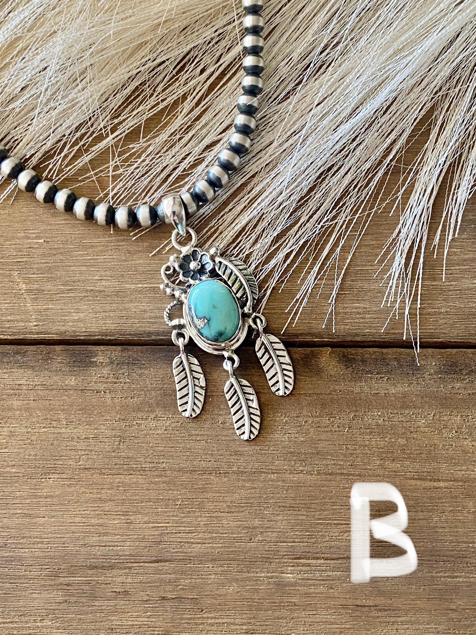 Southwest Handmade Kingman Turquoise & Sterling Silver Feather Pendant