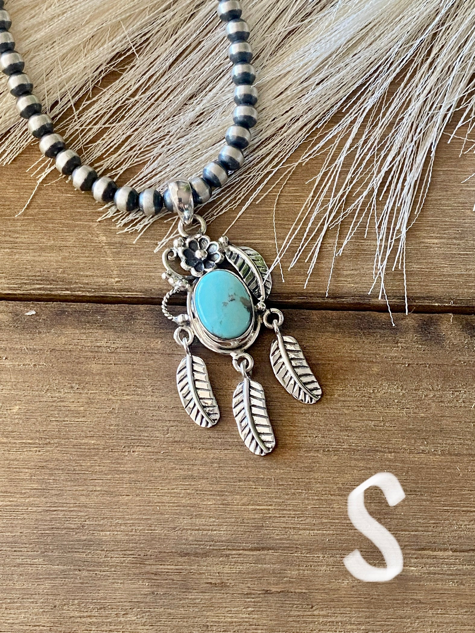 Southwest Handmade Kingman Turquoise & Sterling Silver Feather Pendant