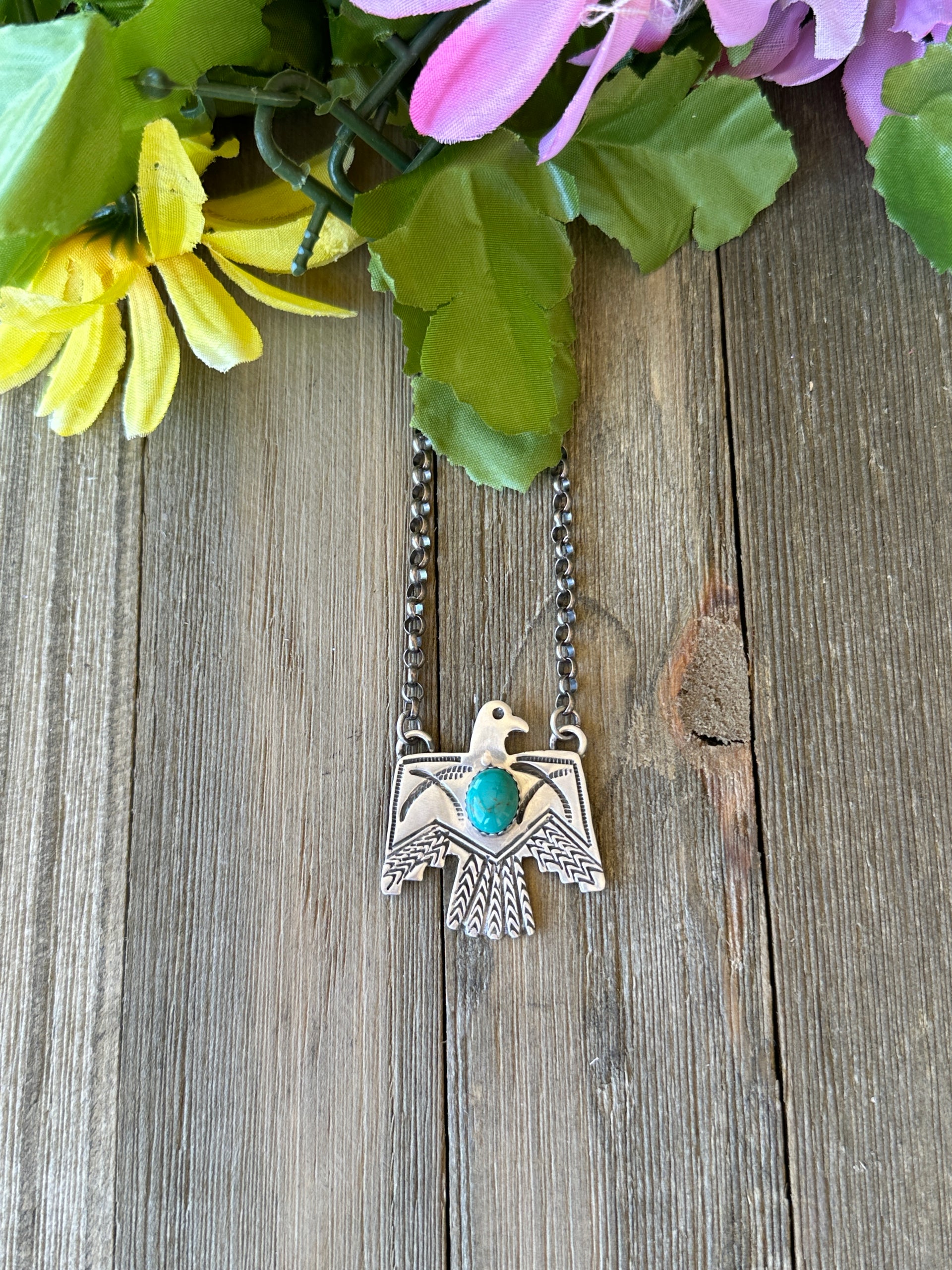 Navajo Made Kingman Turquoise & Sterling Silver Thunderbird Necklace