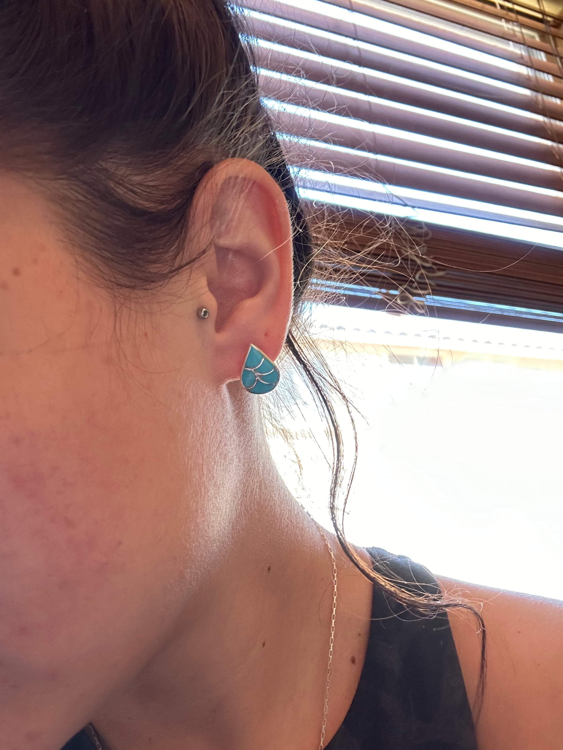 Navajo Made Turquoise & Sterling Silver  Post Inlay Earrings