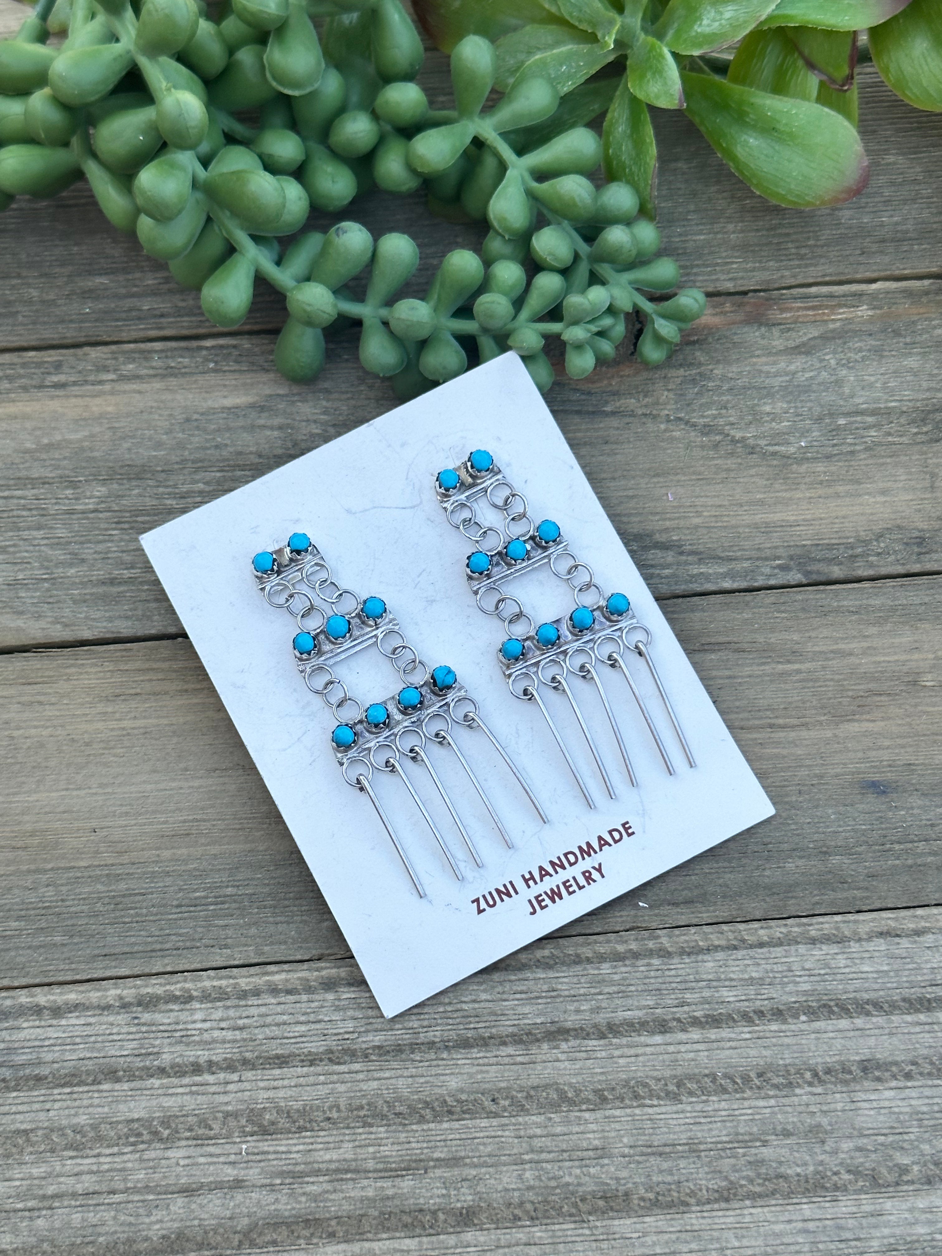 Zuni Made Turquoise Petite Point & Sterling Silver Post Dangle Earrings