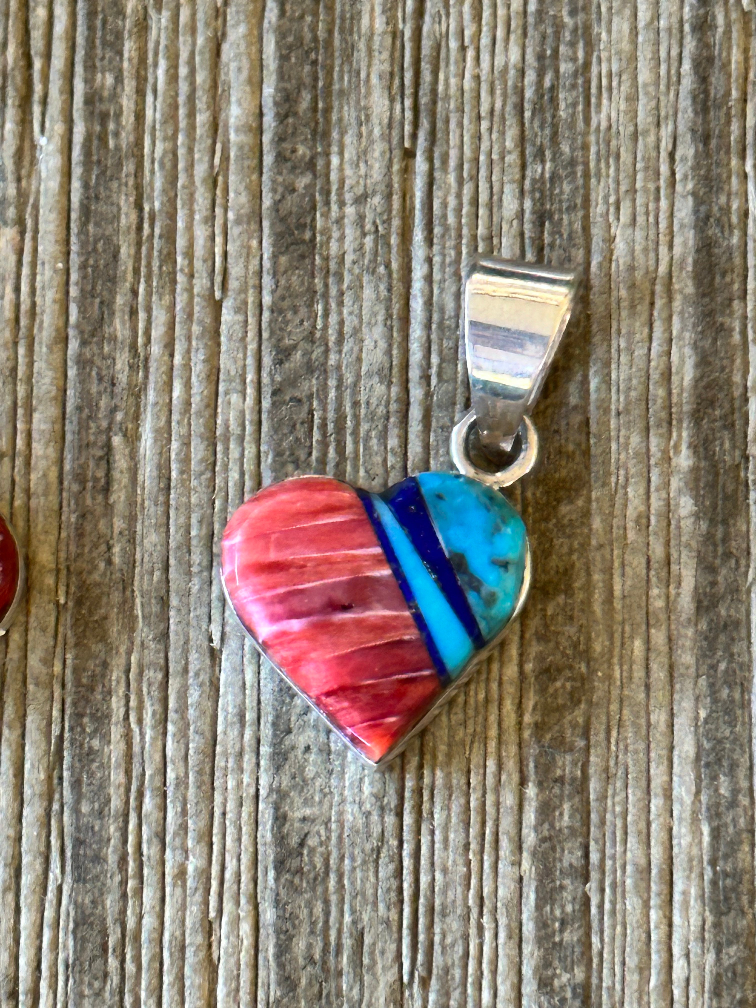 Navajo Made Multi Stone & Sterling Silver Inlay Heart Pendant