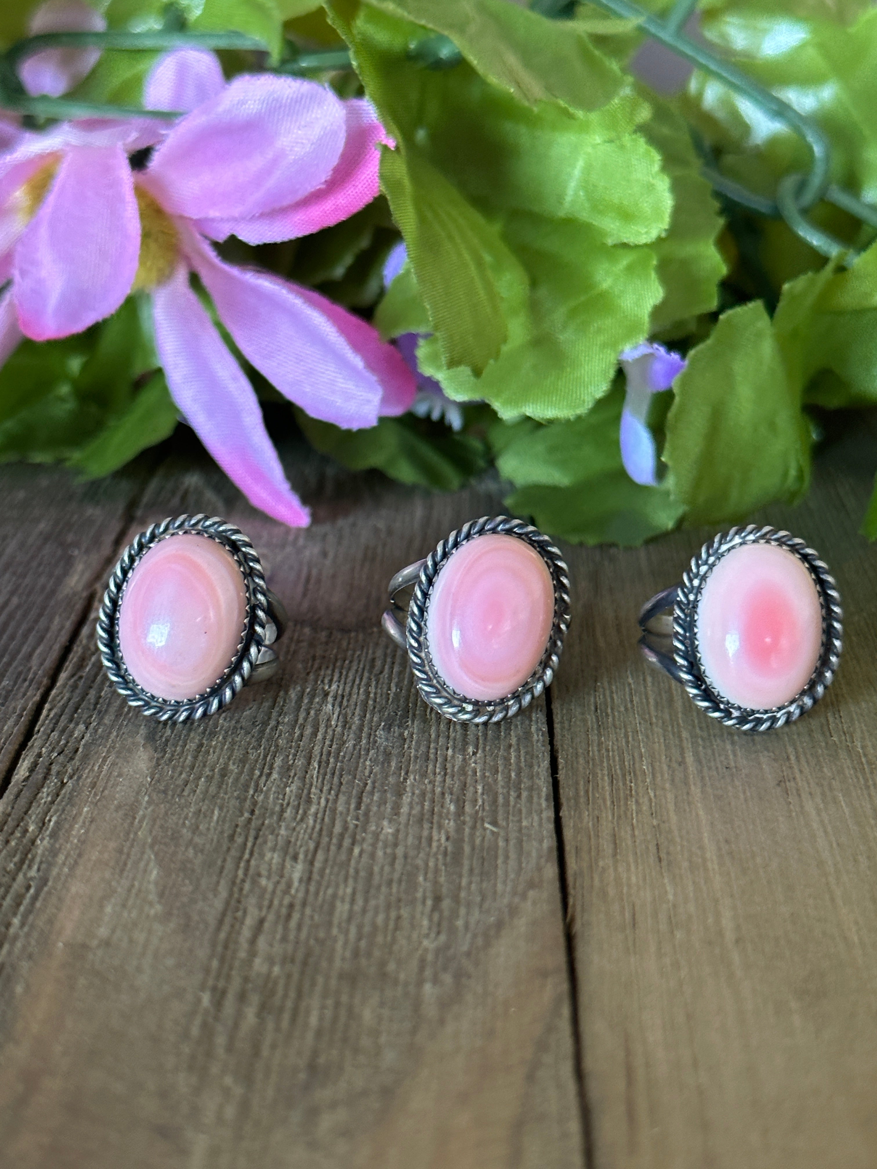 Navajo Made Pink Conch & Sterling Silver Ring