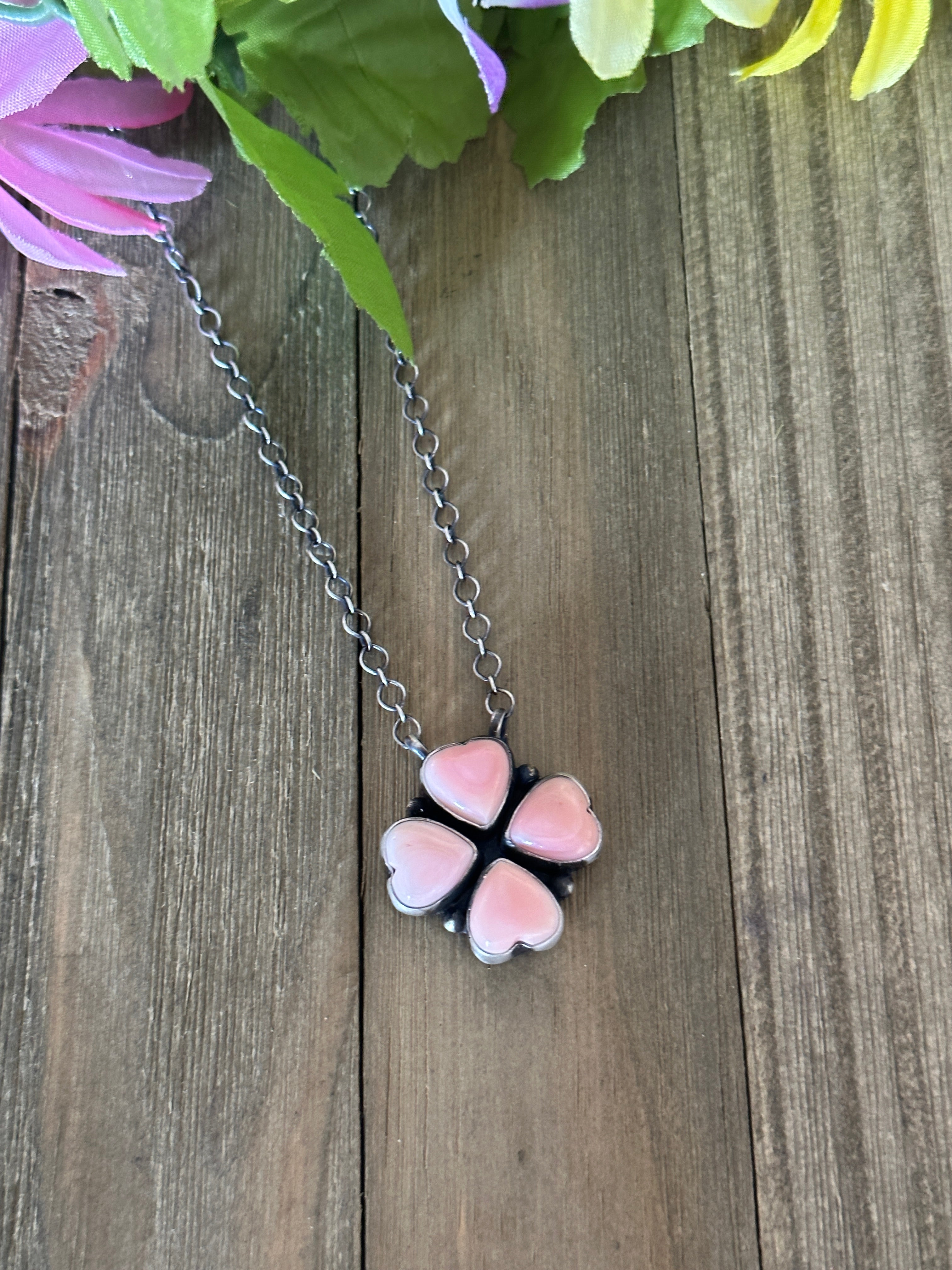 Navajo Made Pink Conch & Sterling Silver Necklace