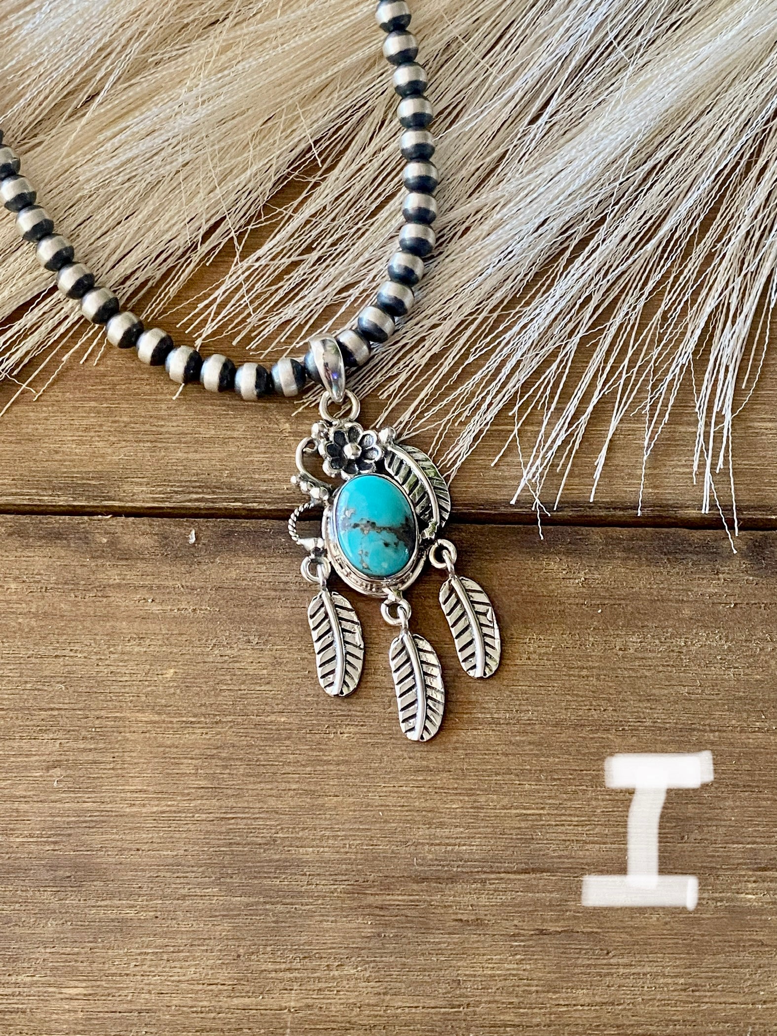 Southwest Handmade Kingman Turquoise & Sterling Silver Feather Pendant