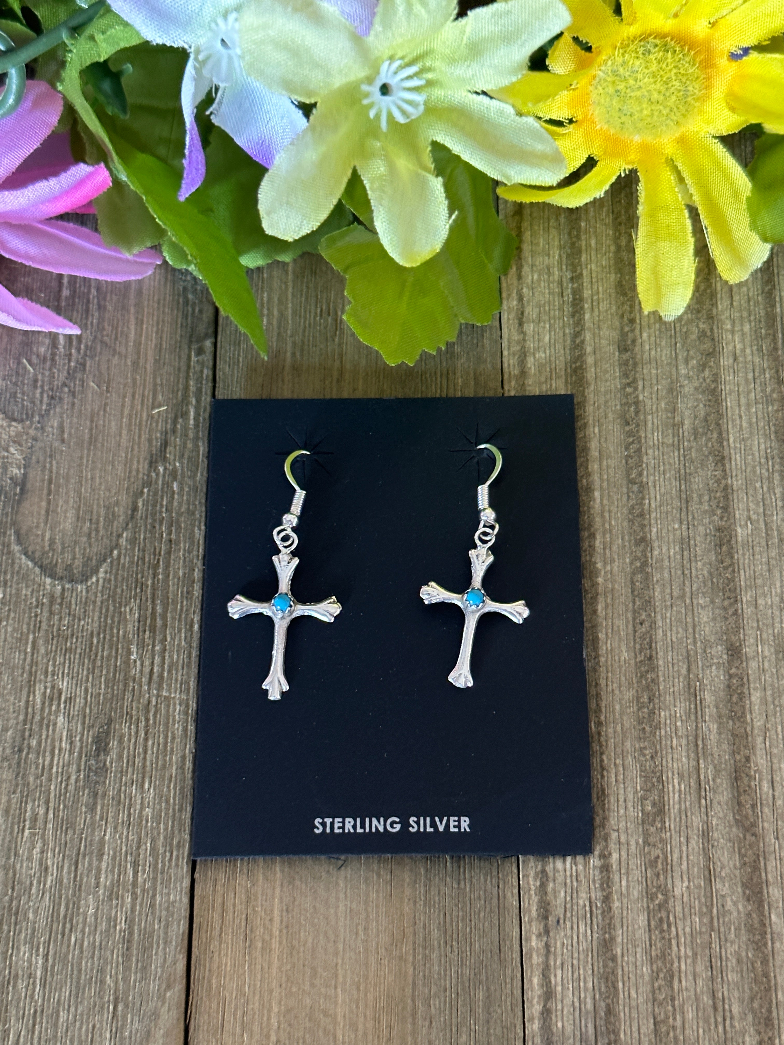 Navajo Made Sterling Silver Dangle Cross Earrings