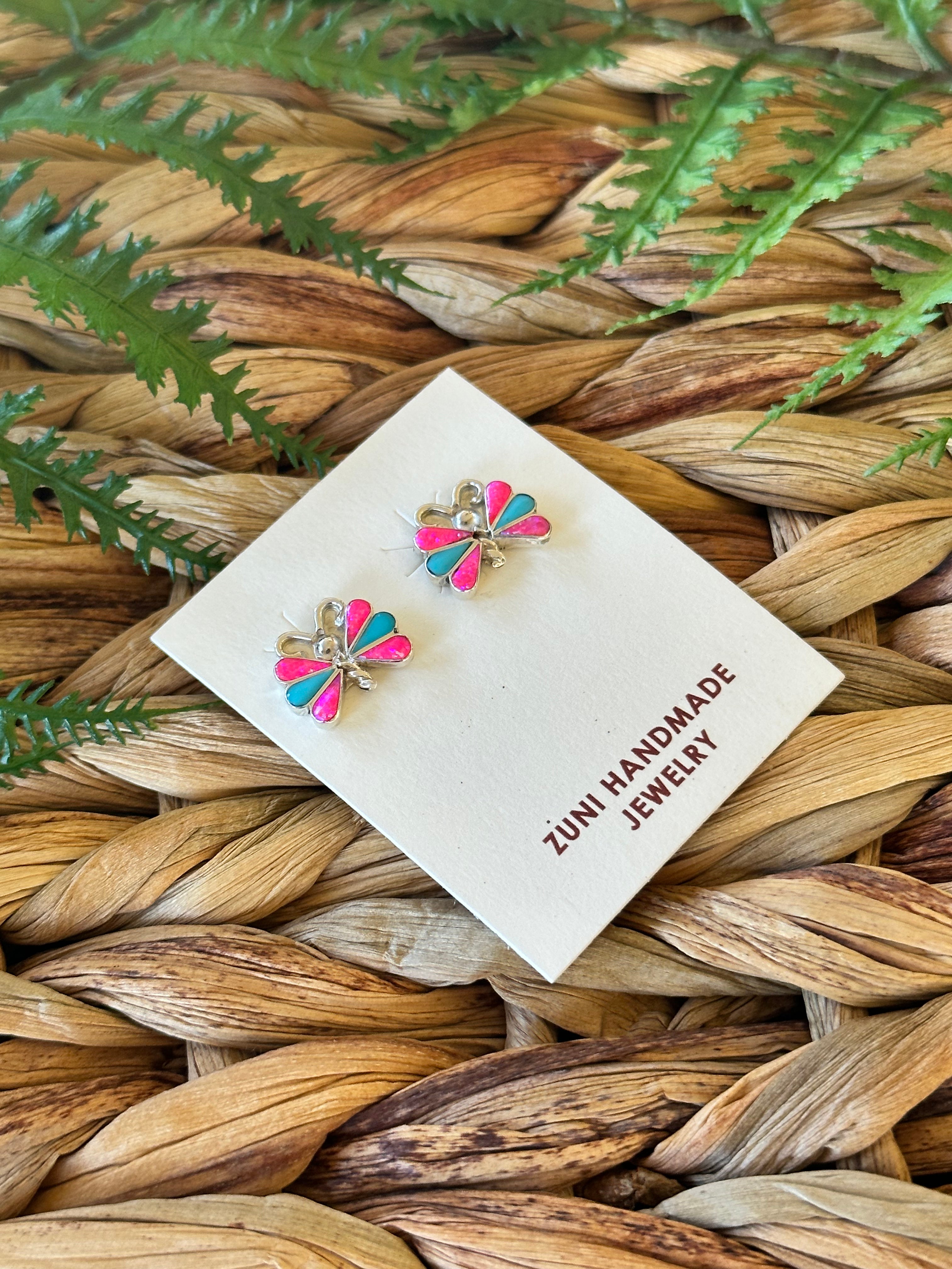 Zuni Handmade Multi Stone & Sterling Silver Post Butterfly Earrings