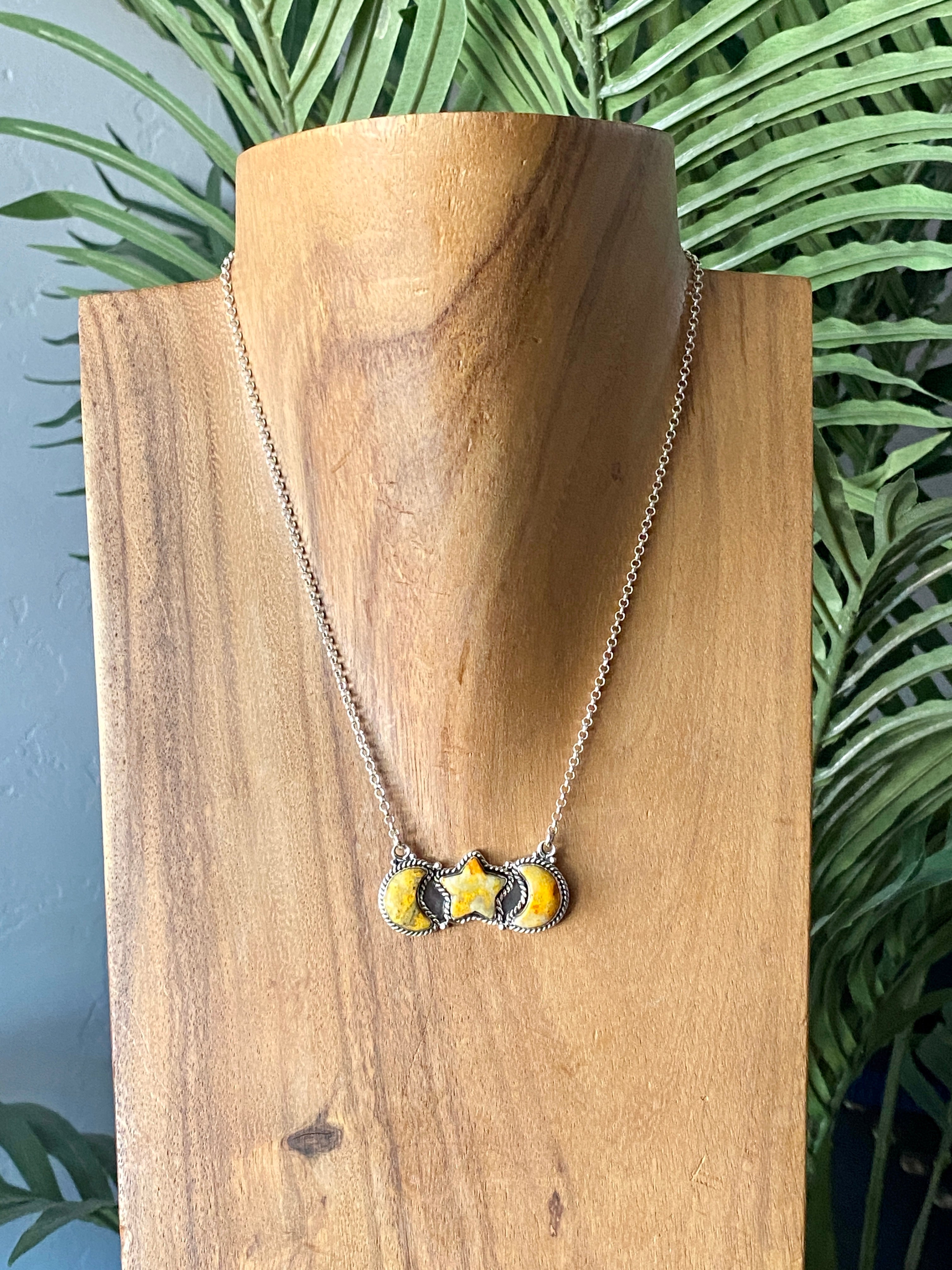 #1 Southwest Handmade Bumblebee Jasper & Sterling Silver Moon Star Necklace