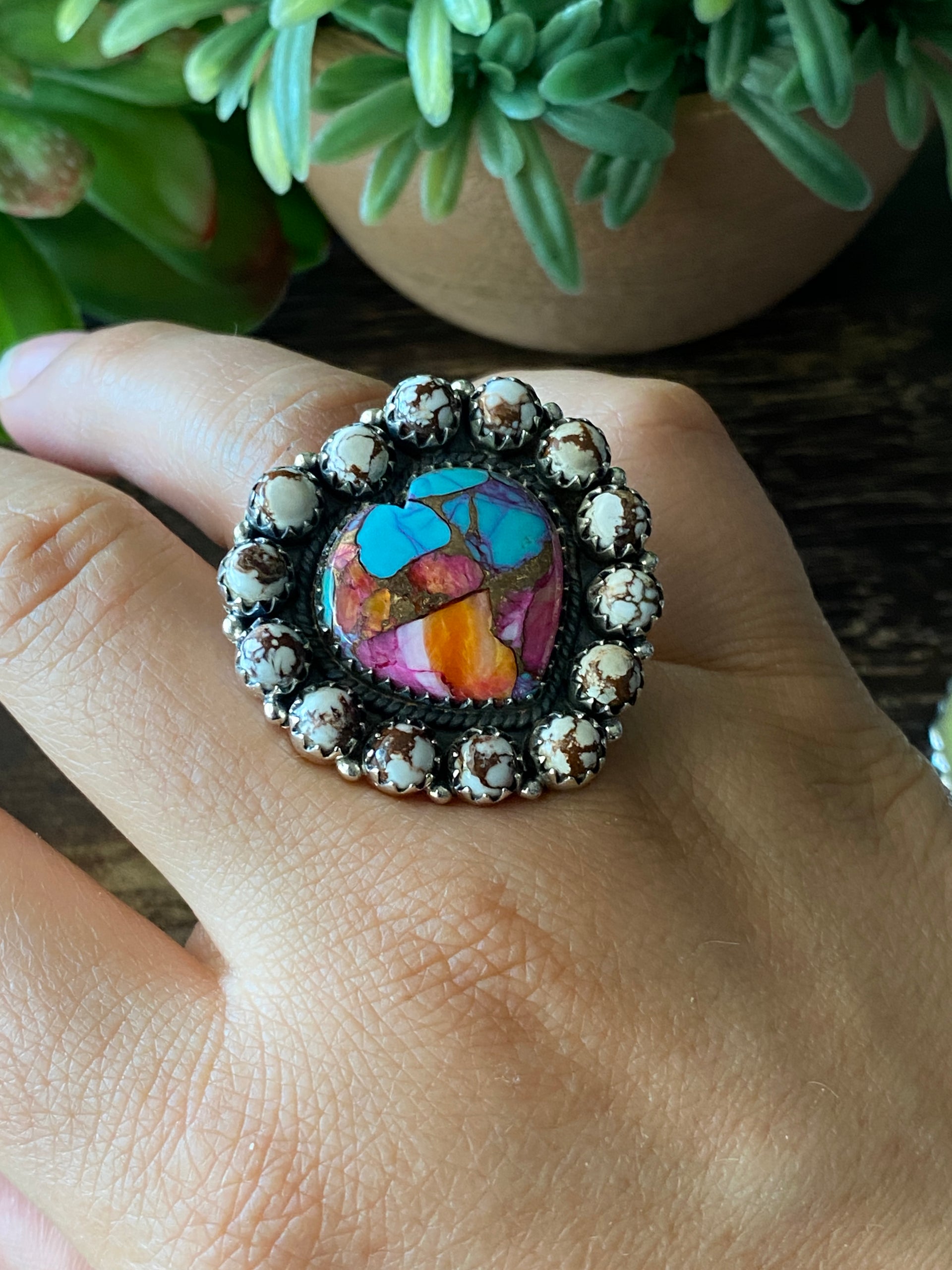 Southwest Handmade Multi Stone & Sterling Silver Adjustable Cluster Ring