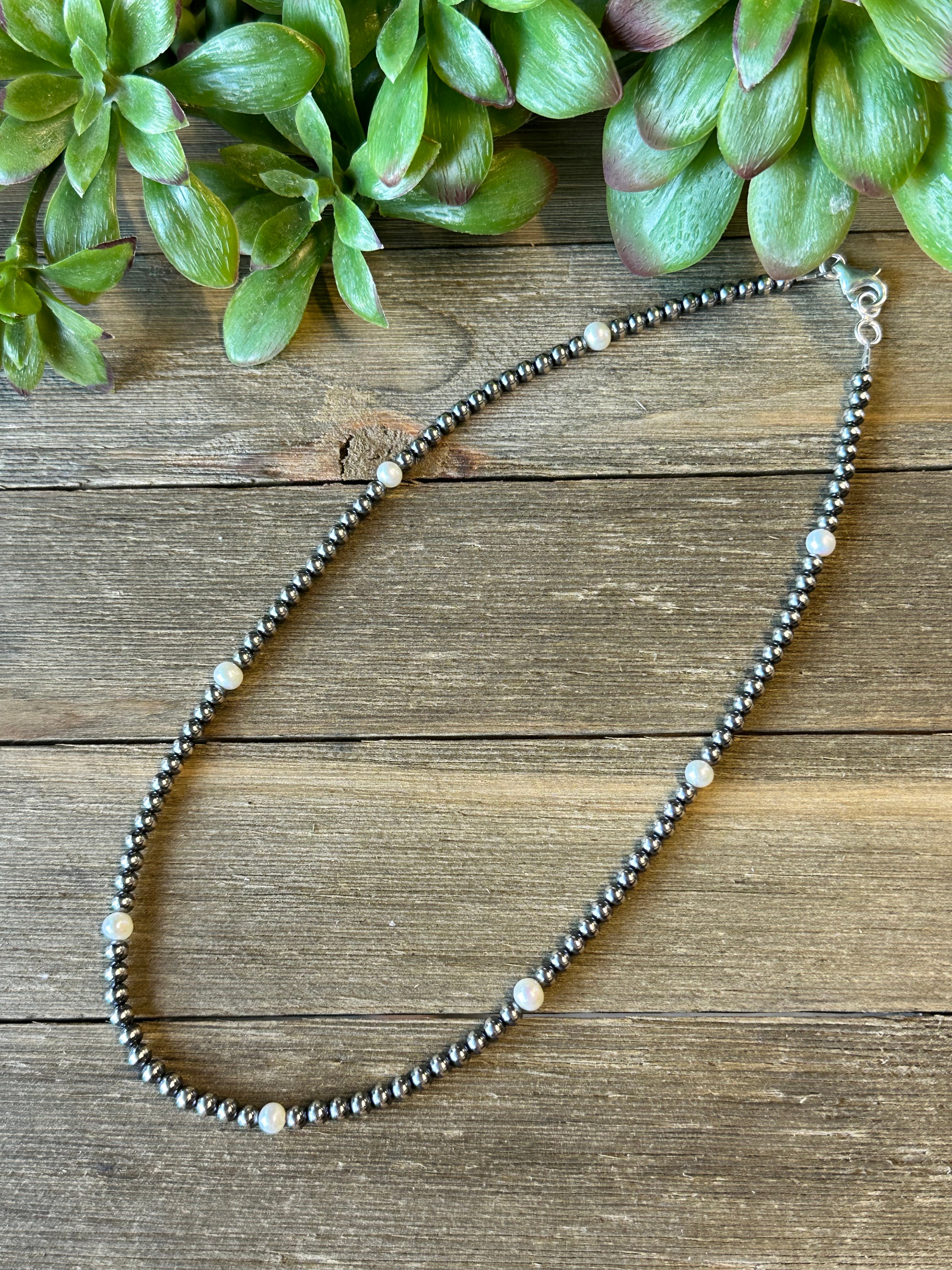 Navajo Strung Fresh Water Pearls & Sterling Silver Beaded Pearl Necklace