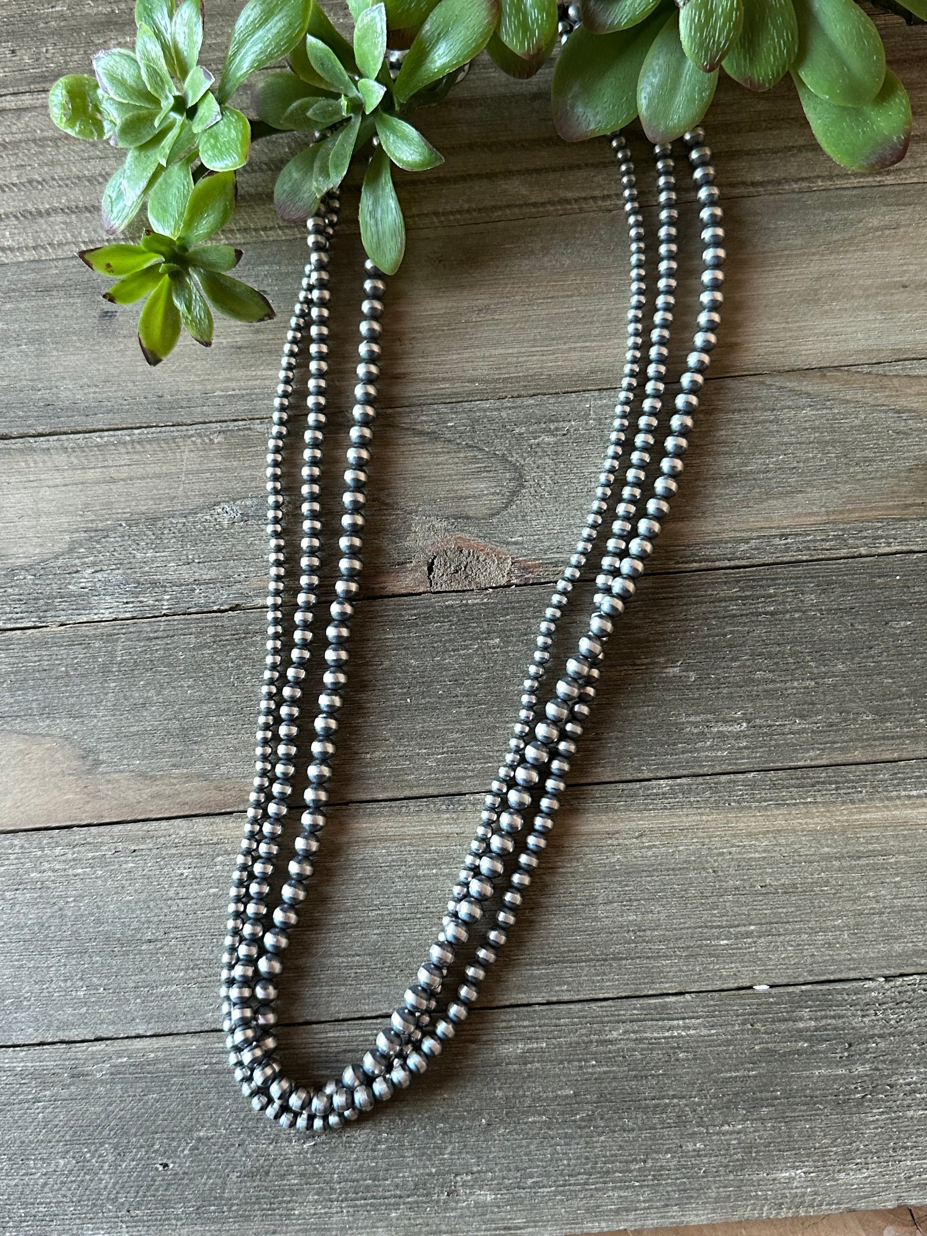 Navajo Strung Sterling Silver Beaded 3 Strand Necklace