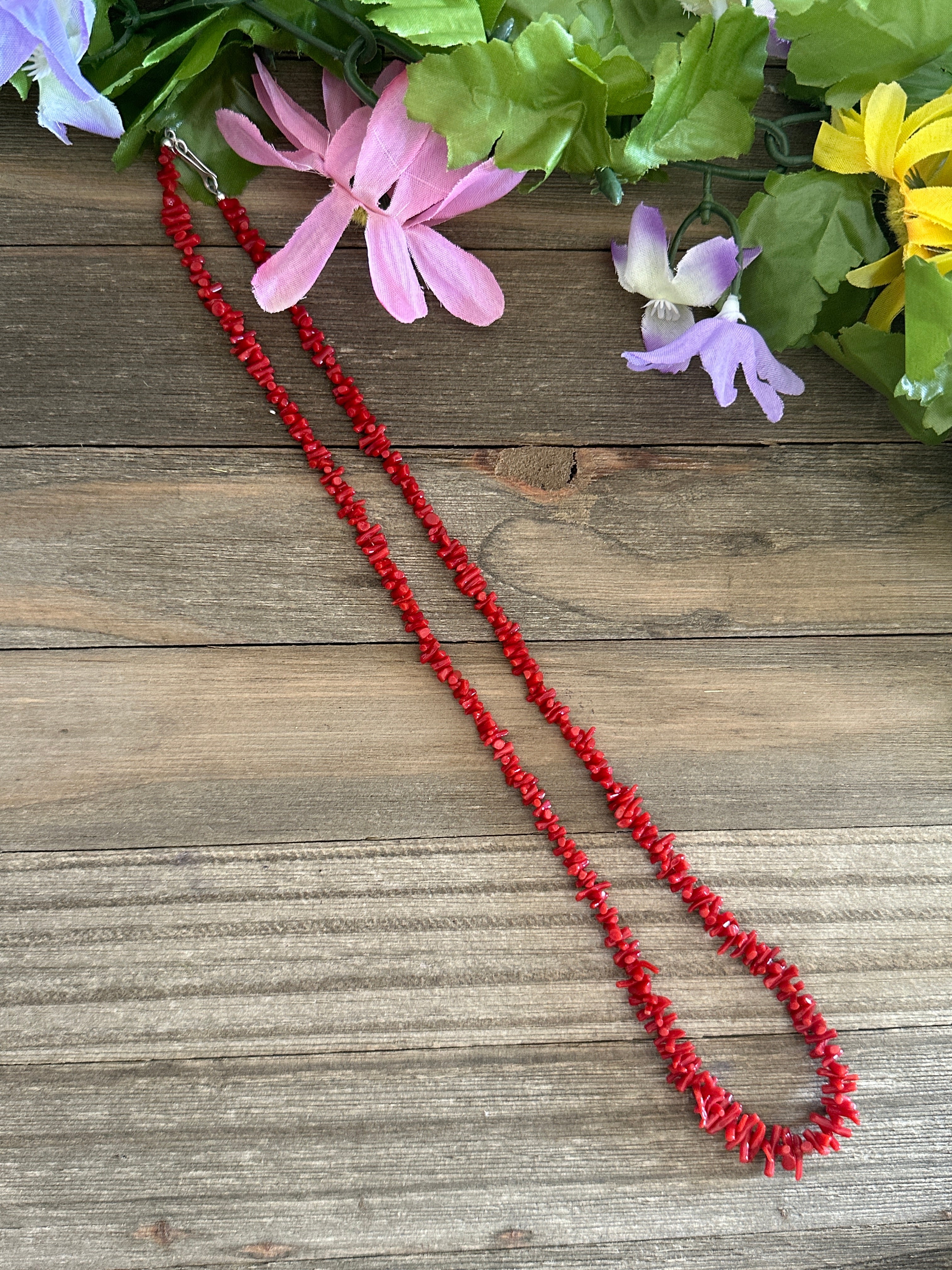 Navajo Strung Red Coral & Sterling Silver Beaded Necklace