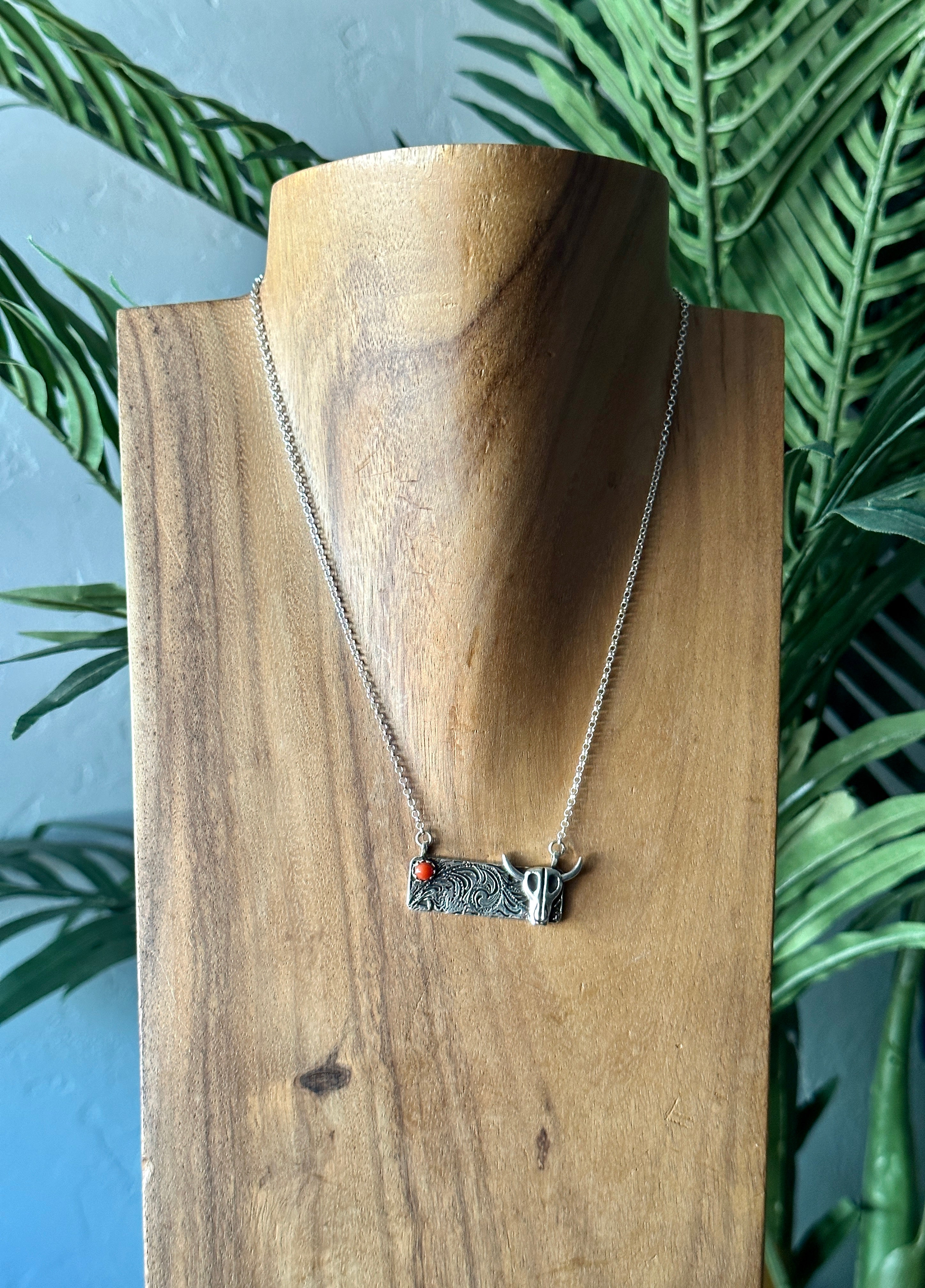 Southwest Handmade Coral & Sterling Silver Steer Bar Necklace