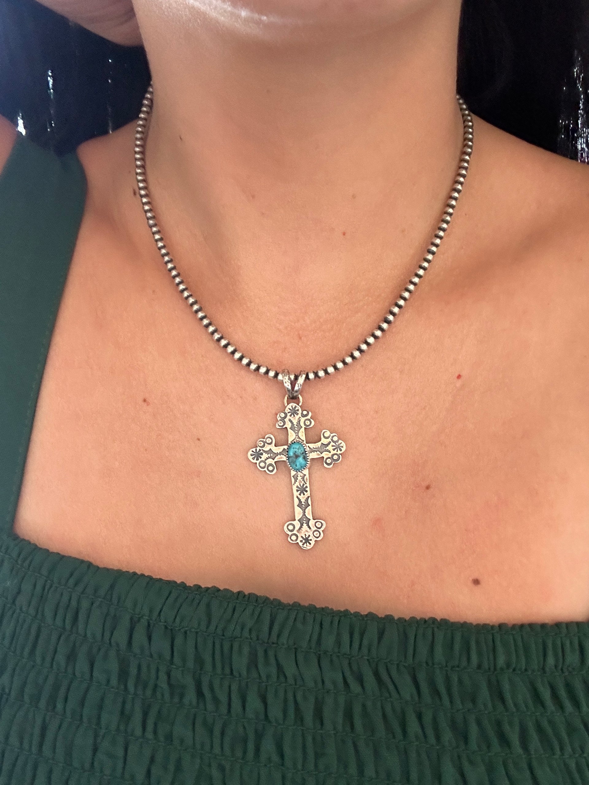 Navajo Made Kingman Turquoise & Sterling Silver Cross Pendant