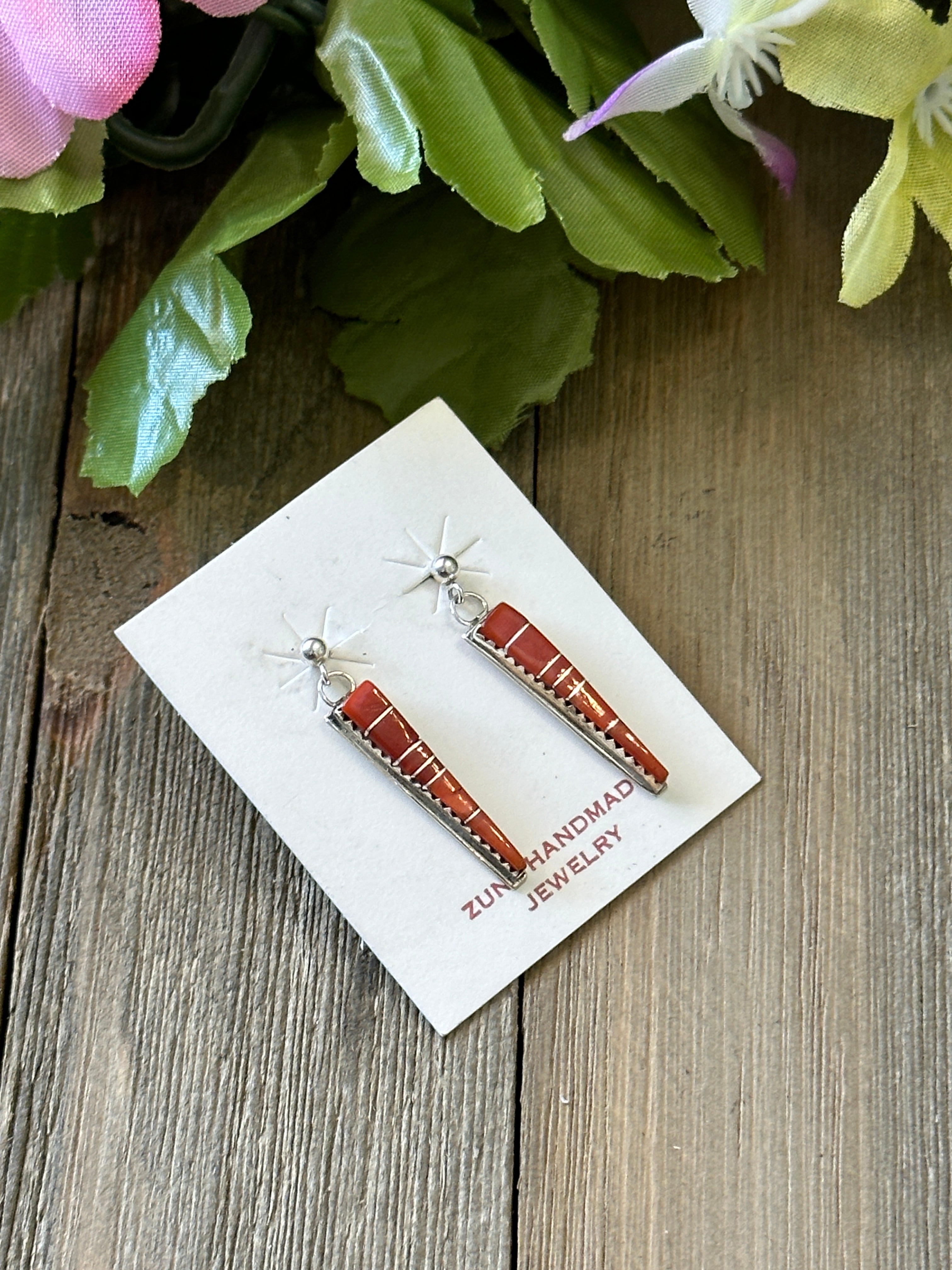 Roland Natacho Coral & Sterling Silver Post Dangle Inlay Earrings