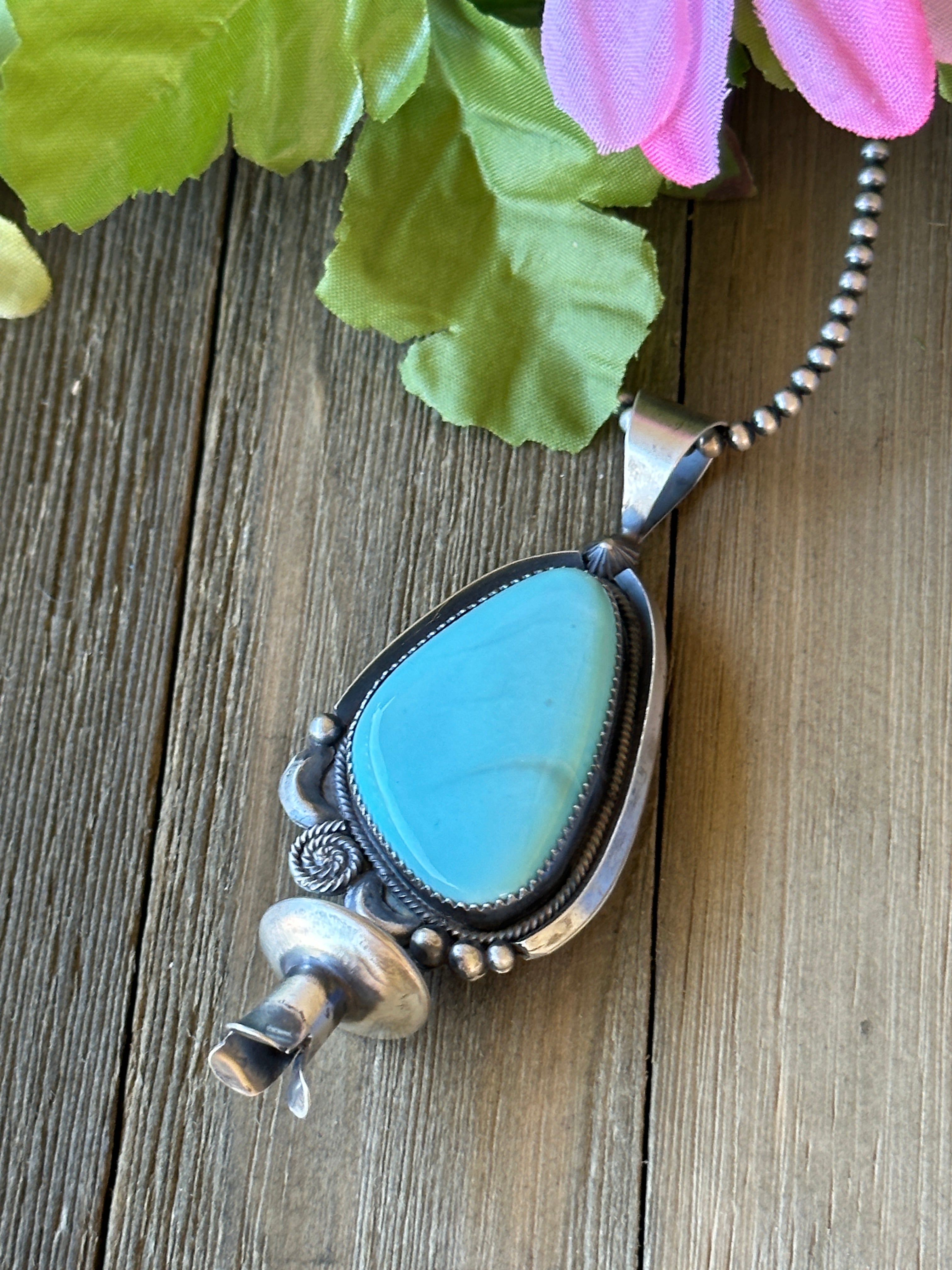 Navajo Made Kingman Turquoise & Sterling Silver Pendant