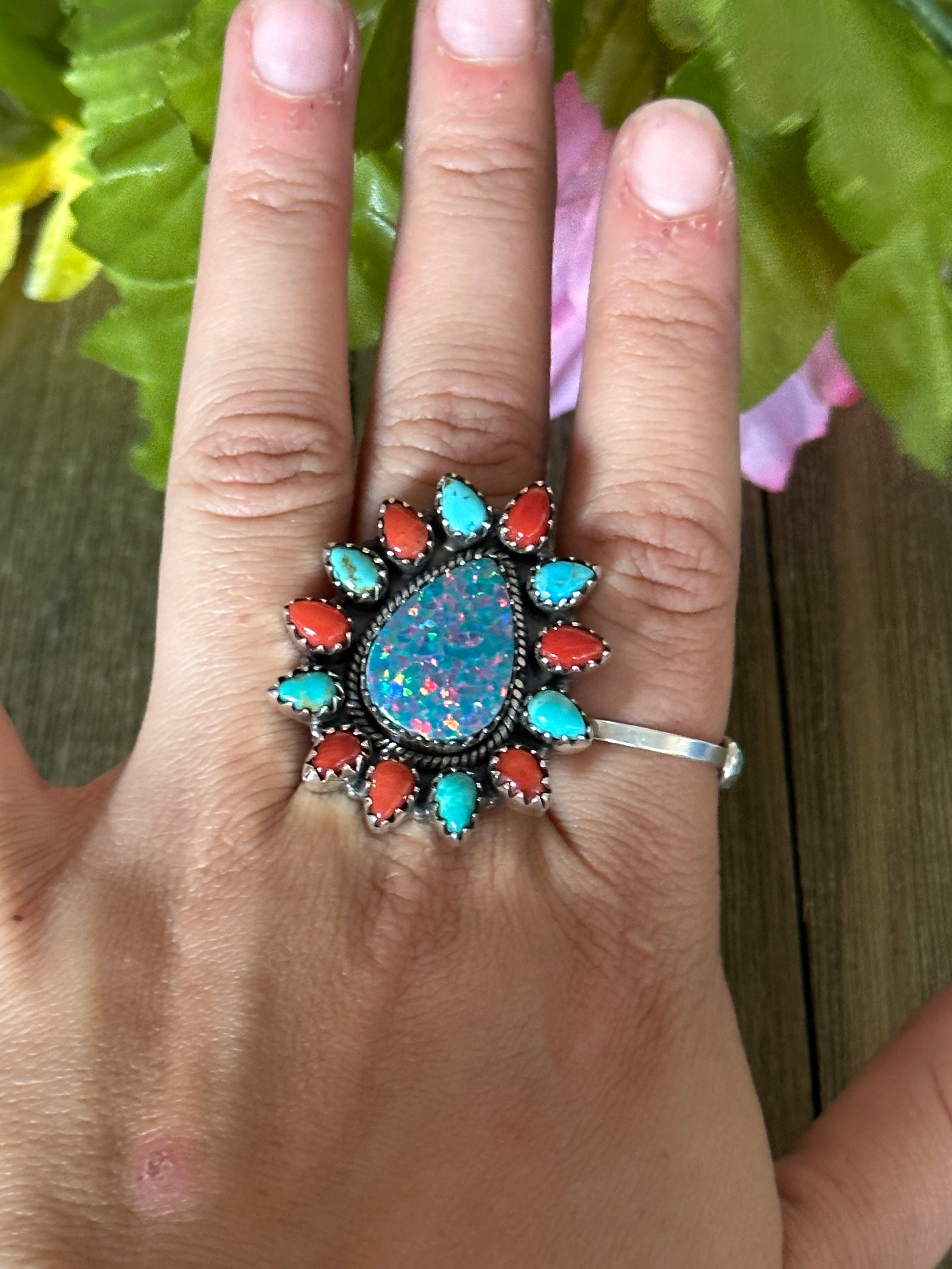 Southwest Handmade Multi Stone & Sterling Silver Adjustable Ring