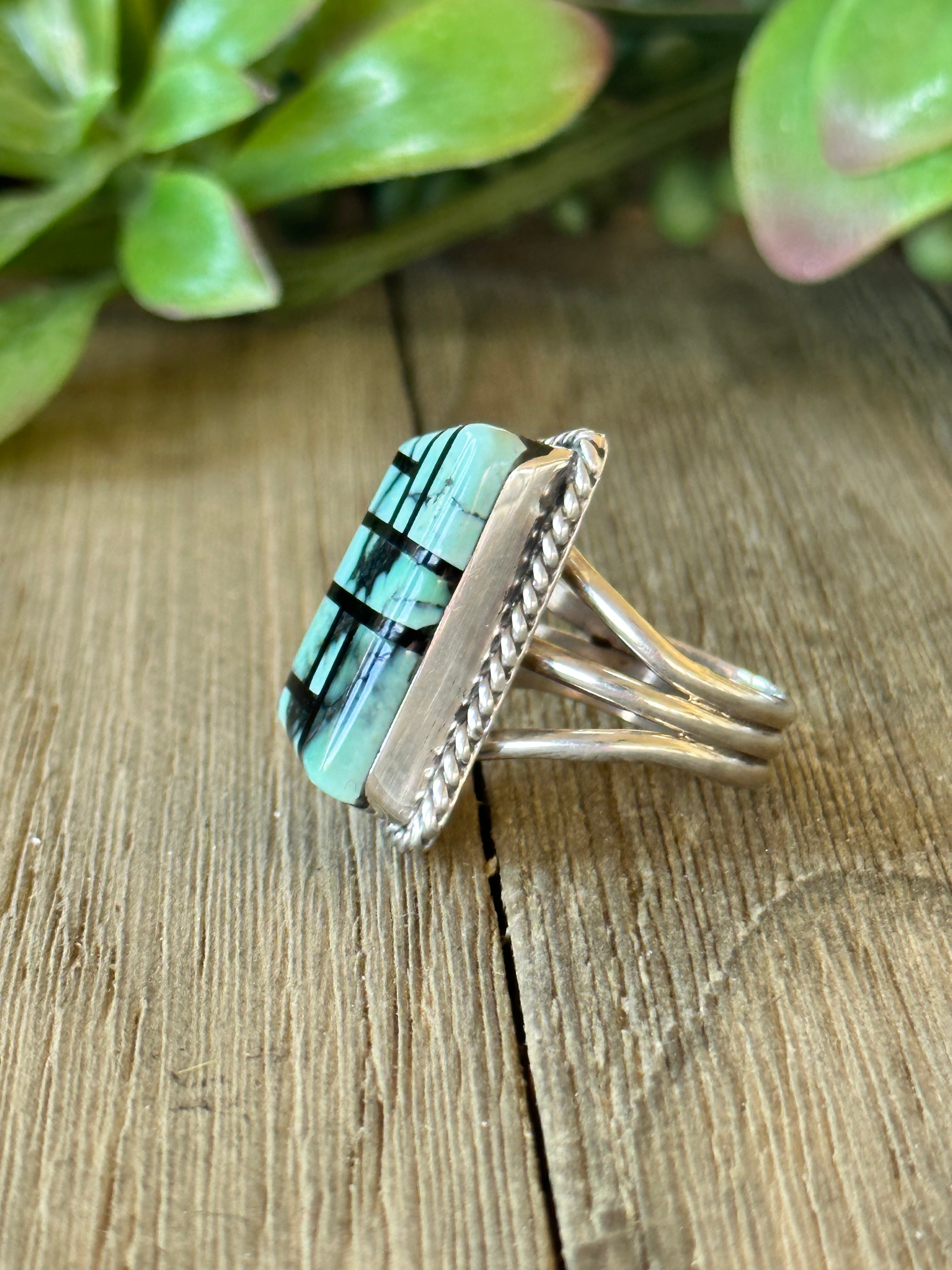 Navajo Made Variscite & Sterling Silver Inlay Ring Size 8.75